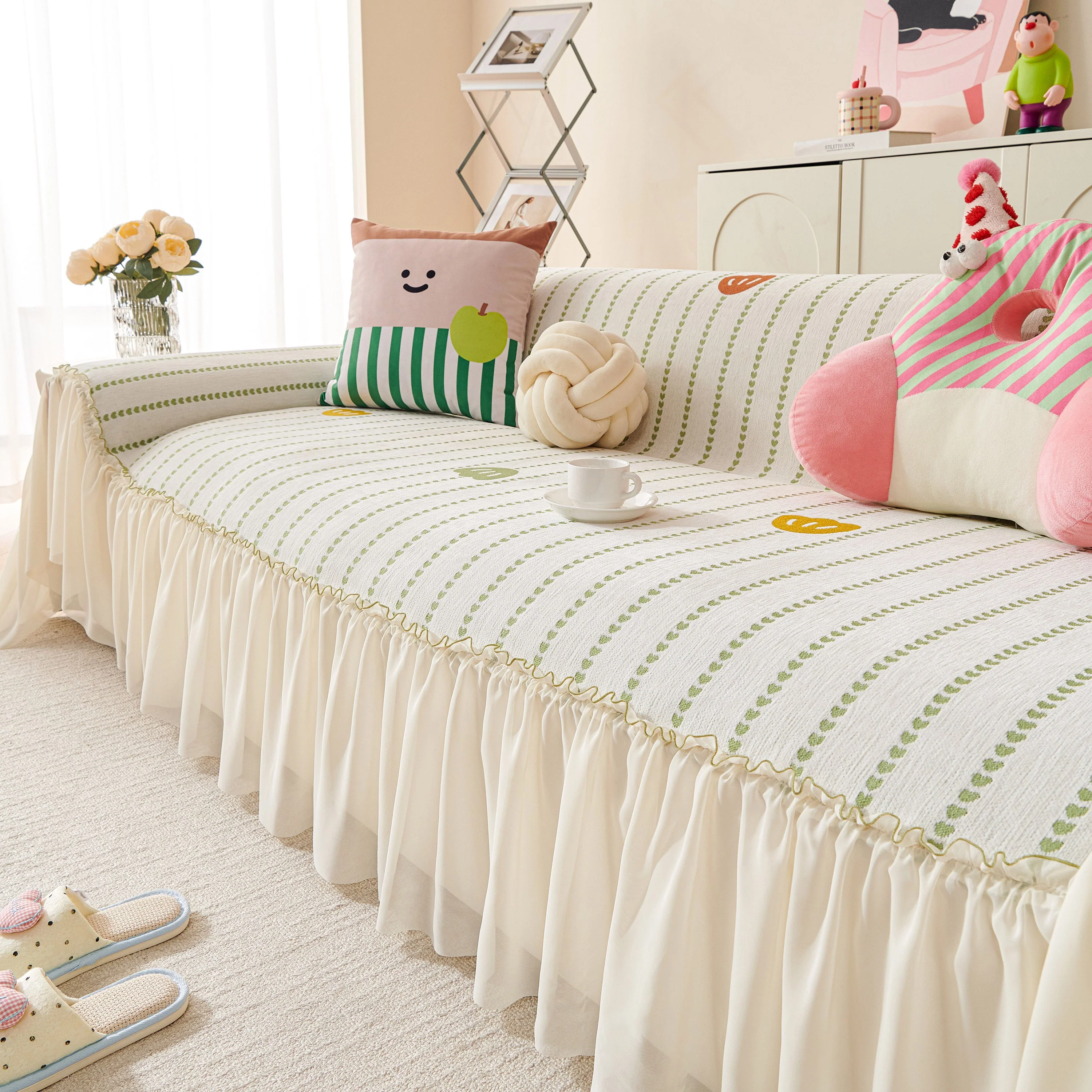 Cute Dotted Stripe Couch Protector, Non-Slip Washable Sofa Cover with Ruffled Skirt - Image 35