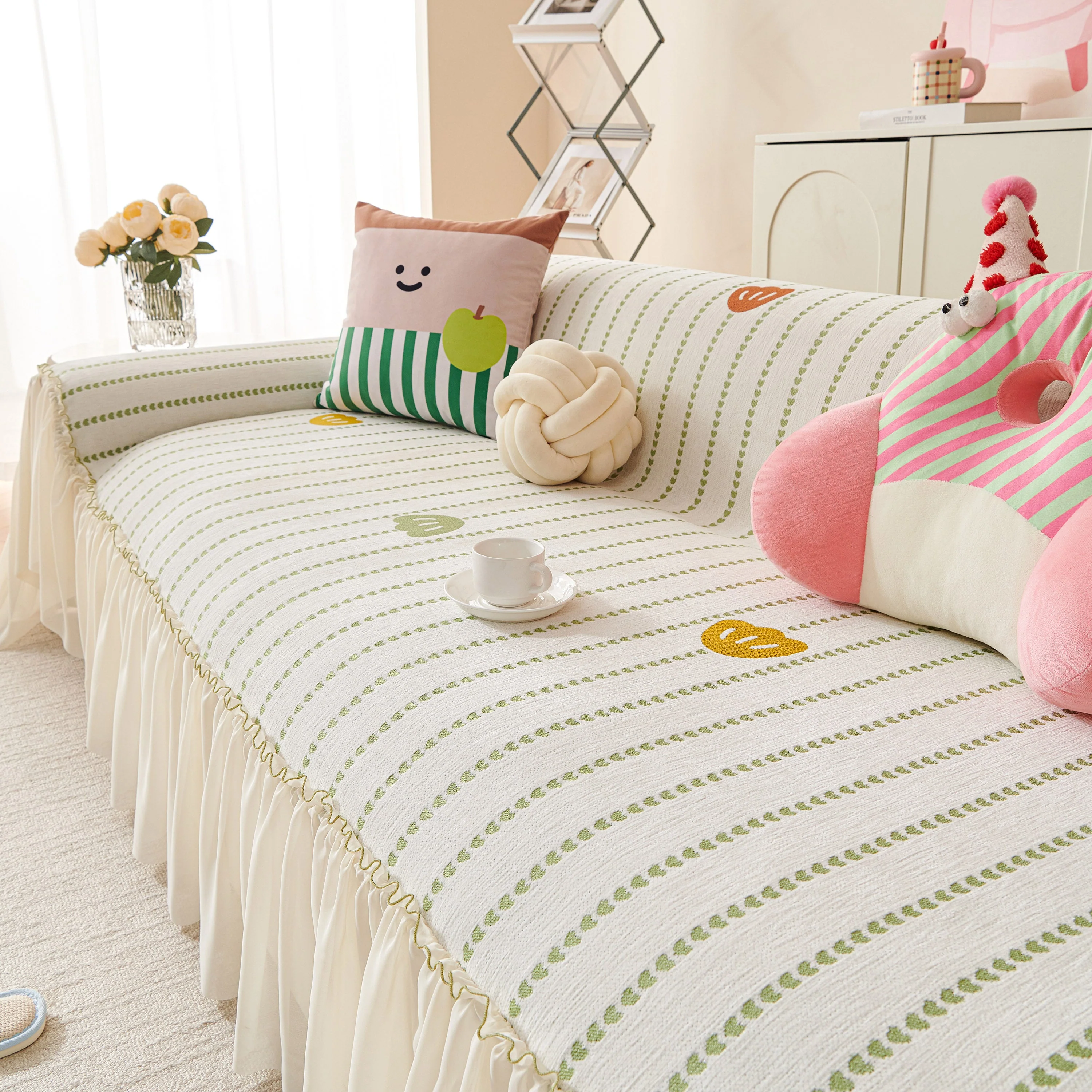 Cute Dotted Stripe Couch Protector, Non-Slip Washable Sofa Cover with Ruffled Skirt - Image 36