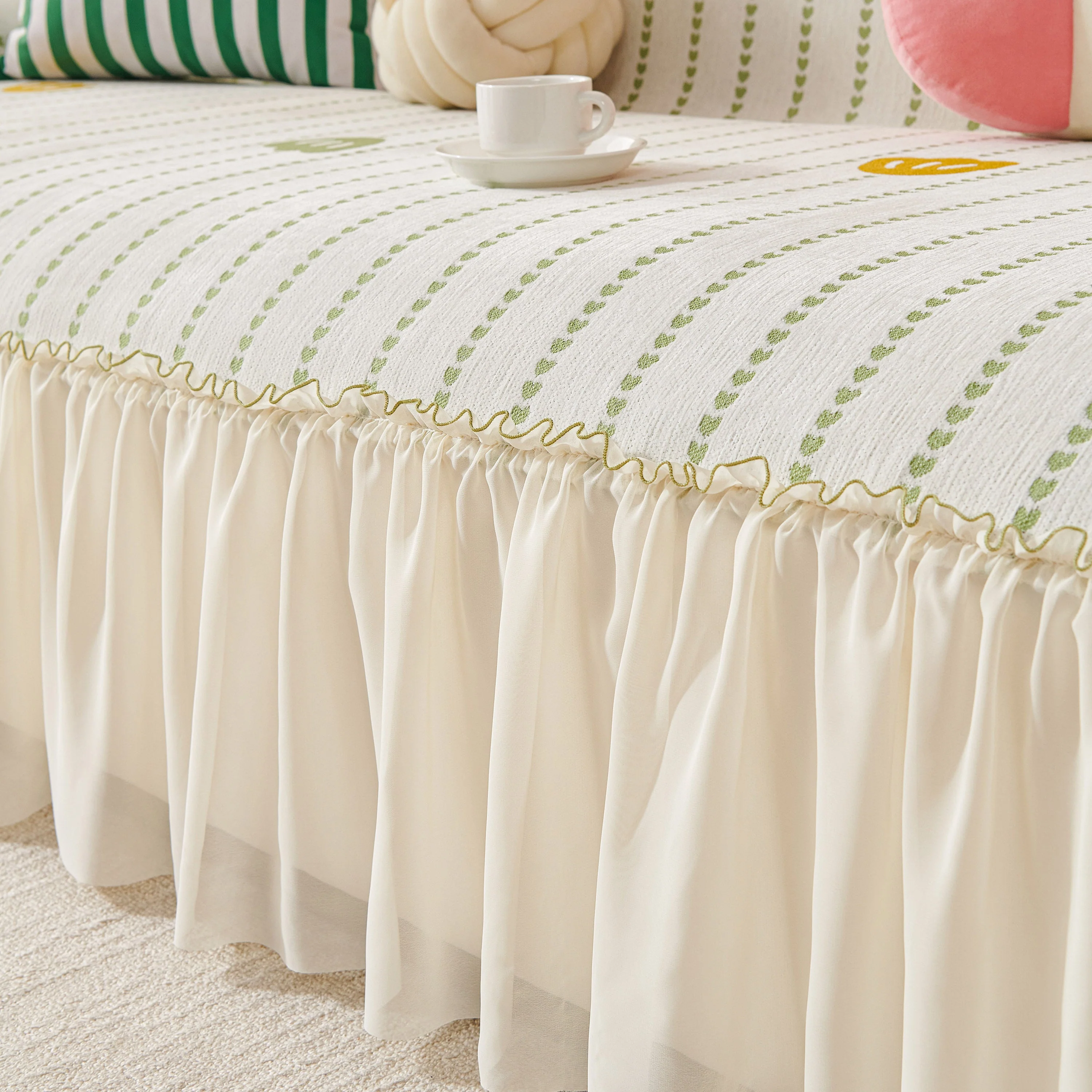 Cute Dotted Stripe Couch Protector, Non-Slip Washable Sofa Cover with Ruffled Skirt - Image 37