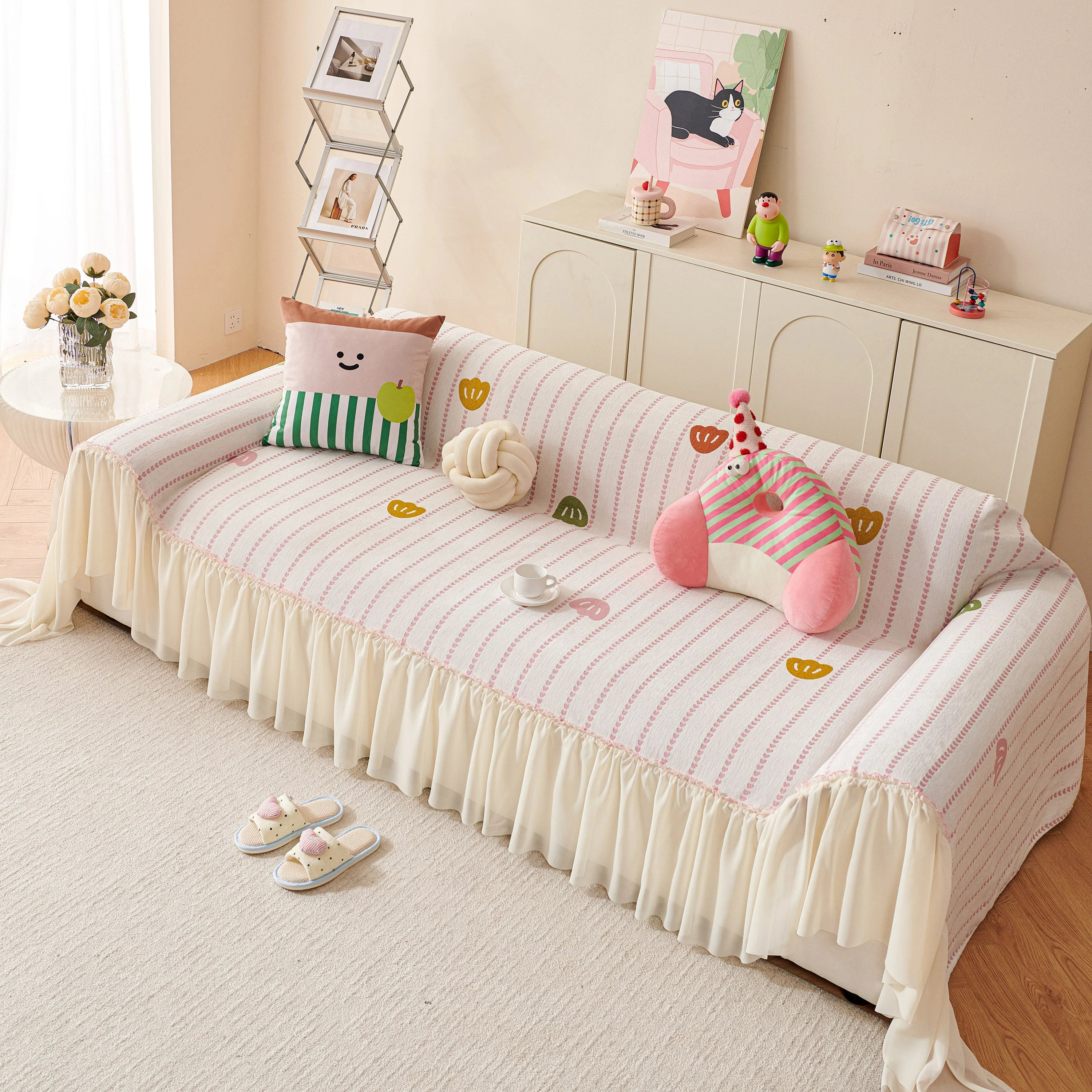 Cute Dotted Stripe Couch Protector, Non-Slip Washable Sofa Cover with Ruffled Skirt - Image 4