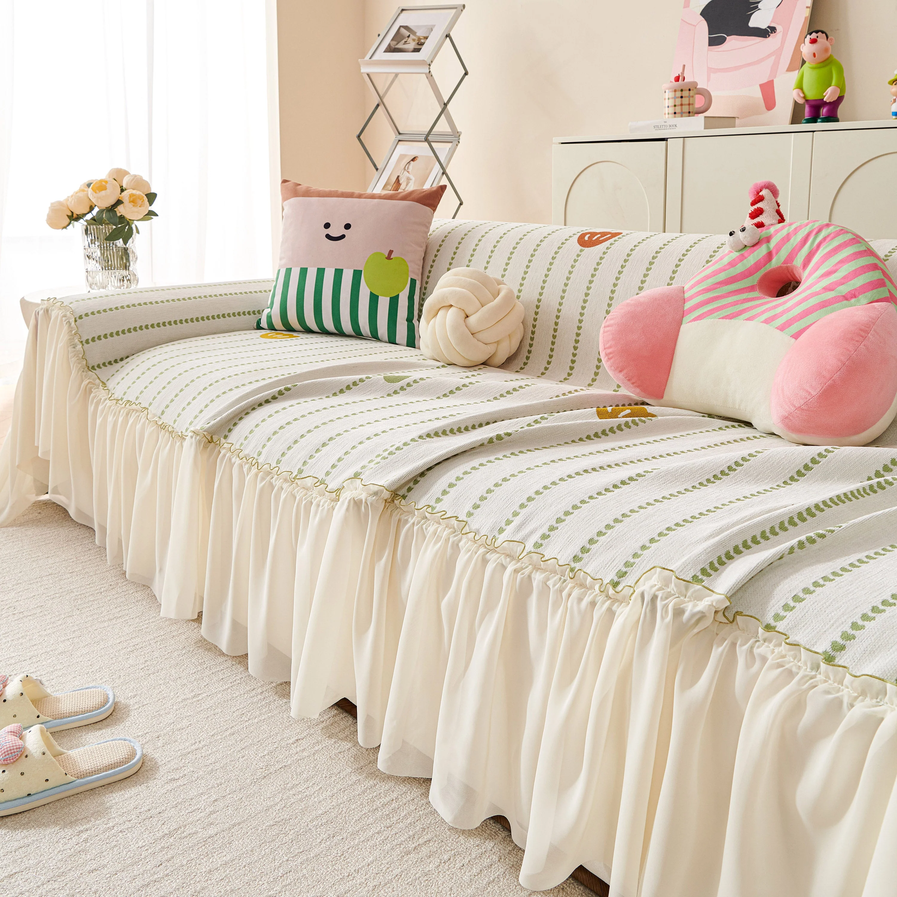 Cute Dotted Stripe Couch Protector, Non-Slip Washable Sofa Cover with Ruffled Skirt - Image 40
