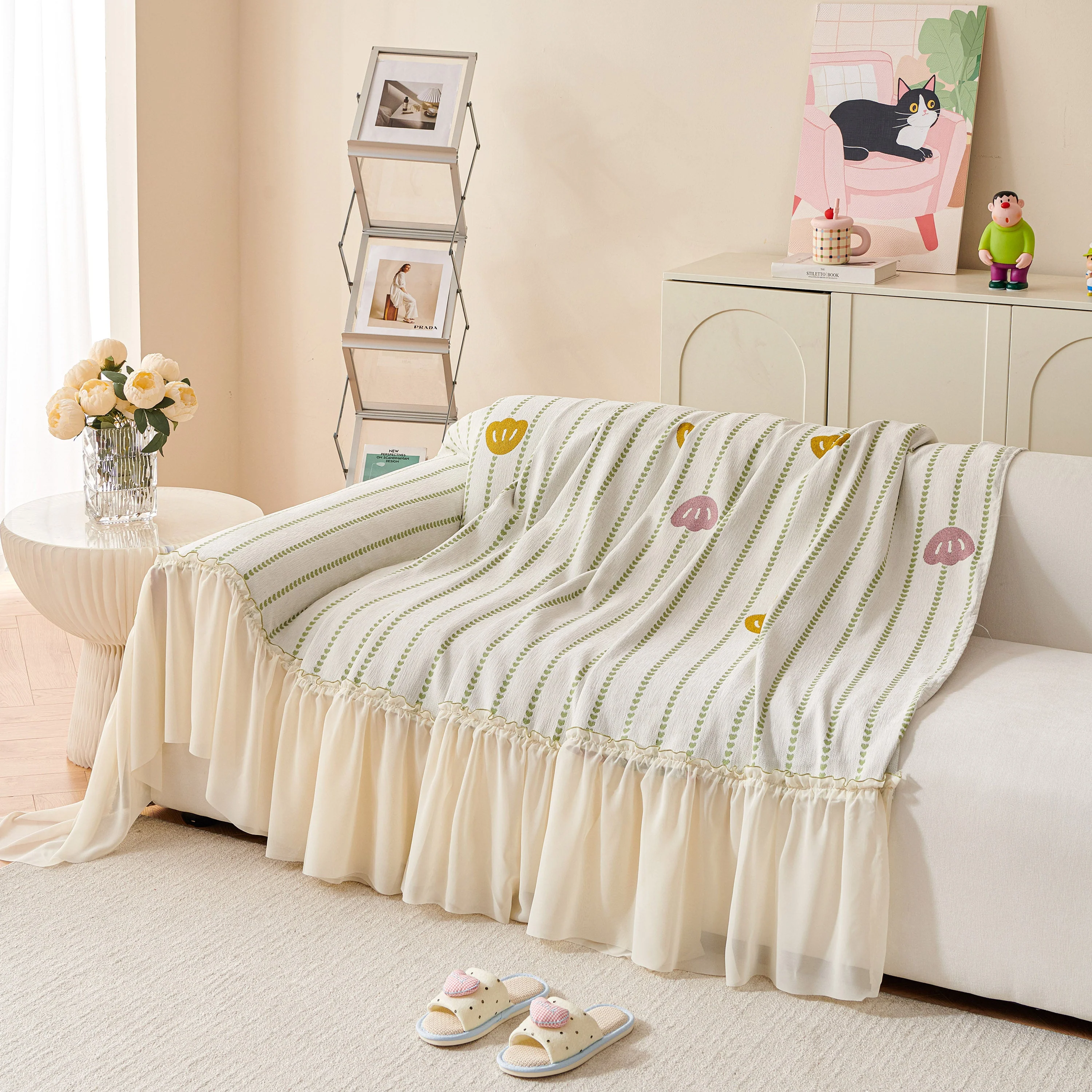 Cute Dotted Stripe Couch Protector, Non-Slip Washable Sofa Cover with Ruffled Skirt - Image 42