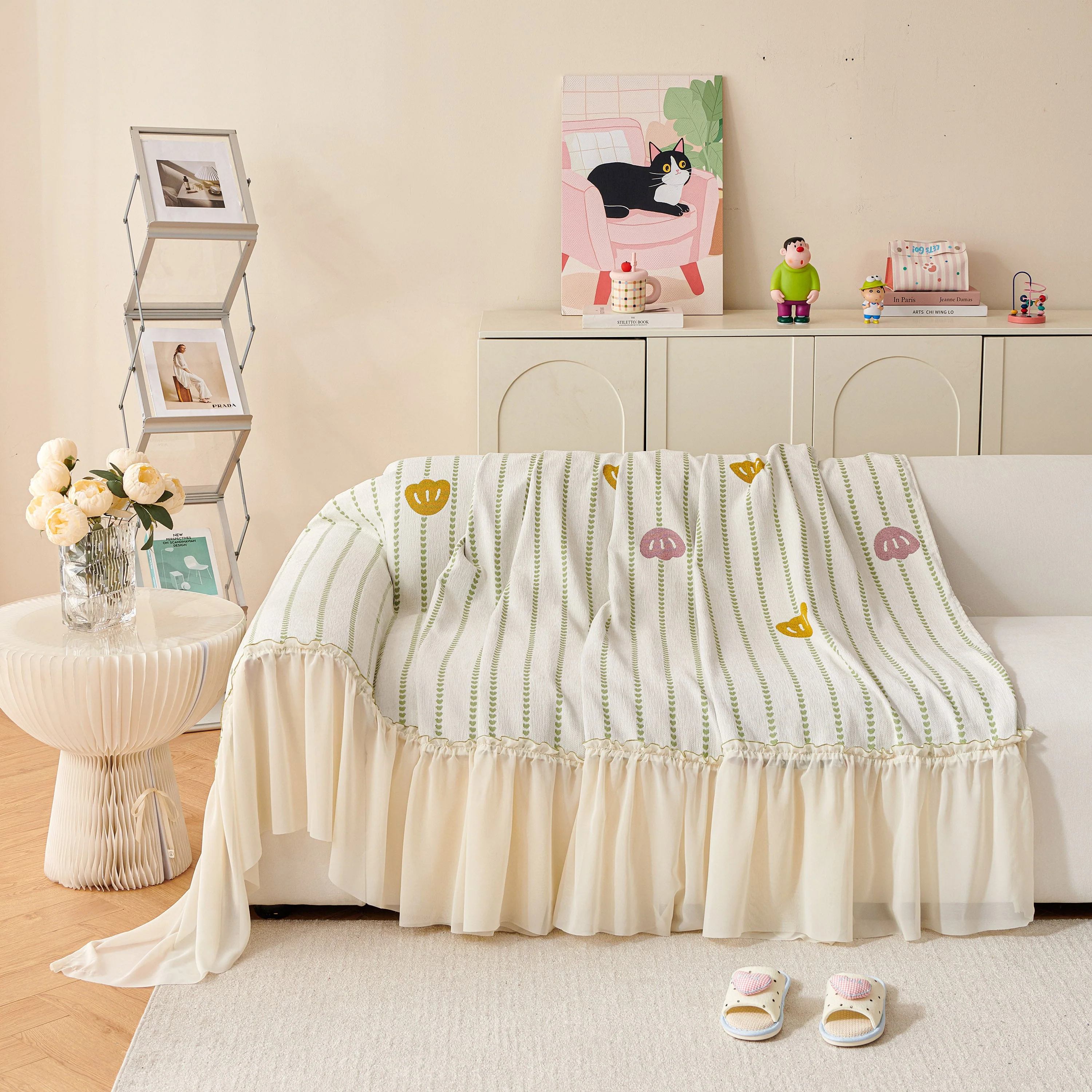 Cute Dotted Stripe Couch Protector, Non-Slip Washable Sofa Cover with Ruffled Skirt - Image 43