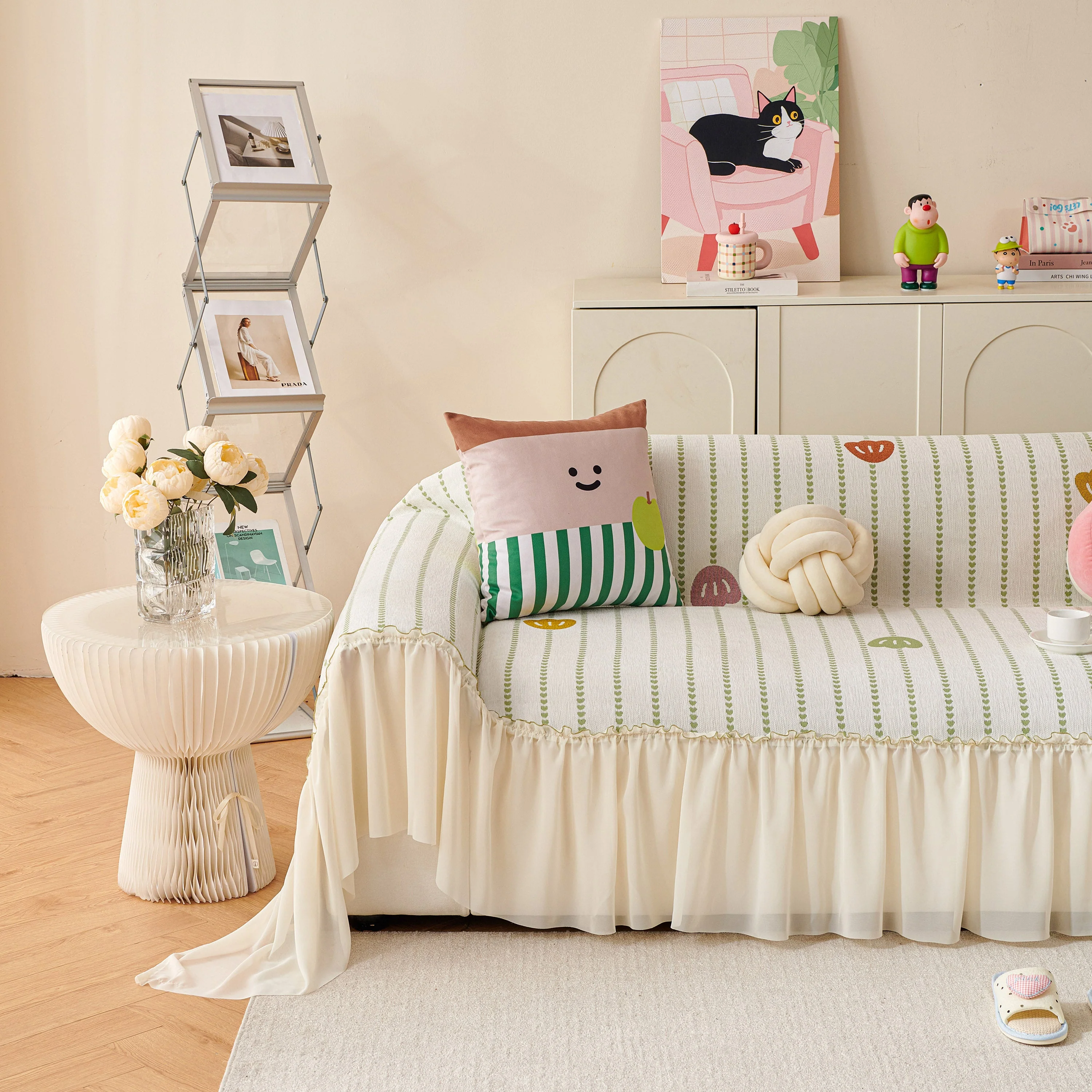 Cute Dotted Stripe Couch Protector, Non-Slip Washable Sofa Cover with Ruffled Skirt - Image 48