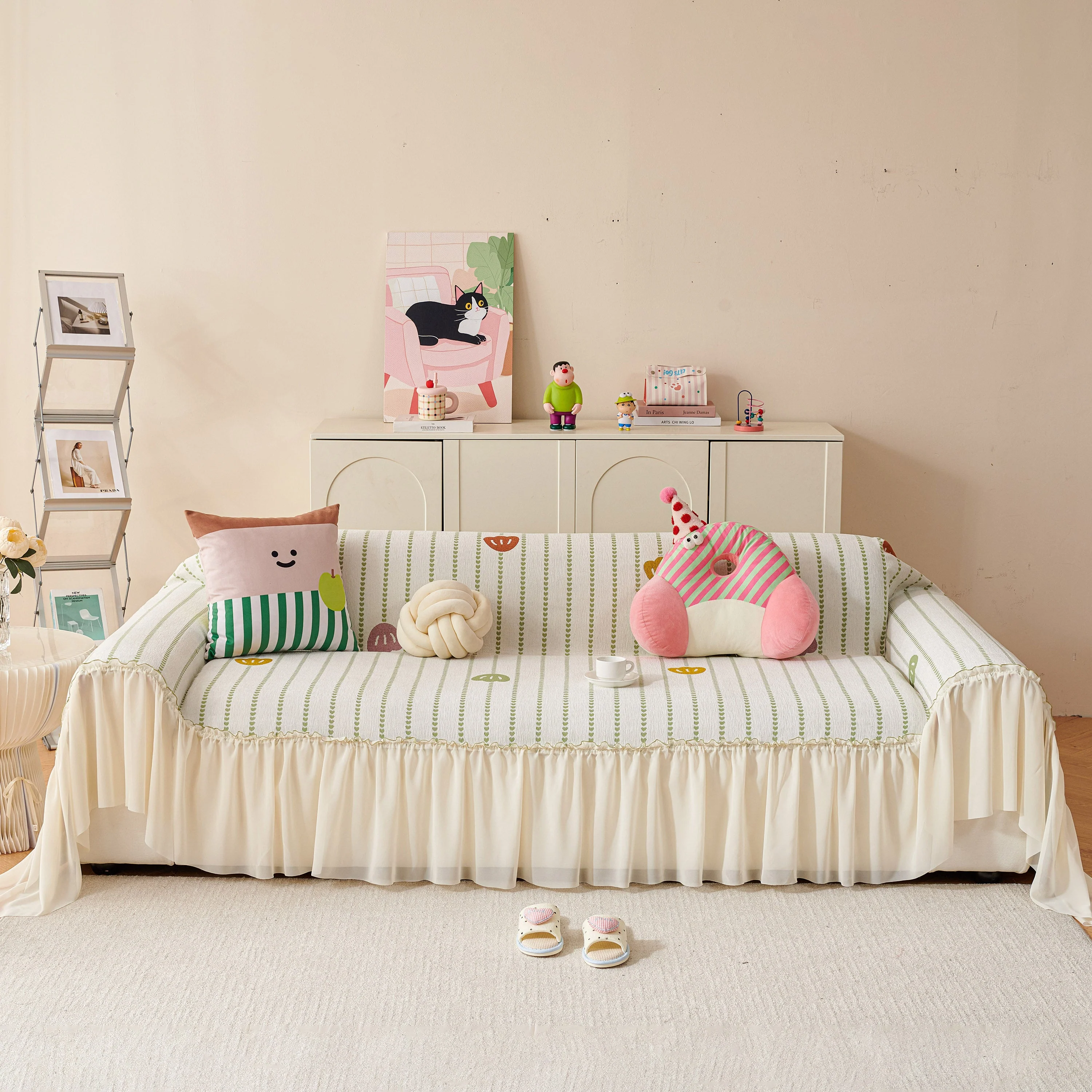 Cute Dotted Stripe Couch Protector, Non-Slip Washable Sofa Cover with Ruffled Skirt - Image 49
