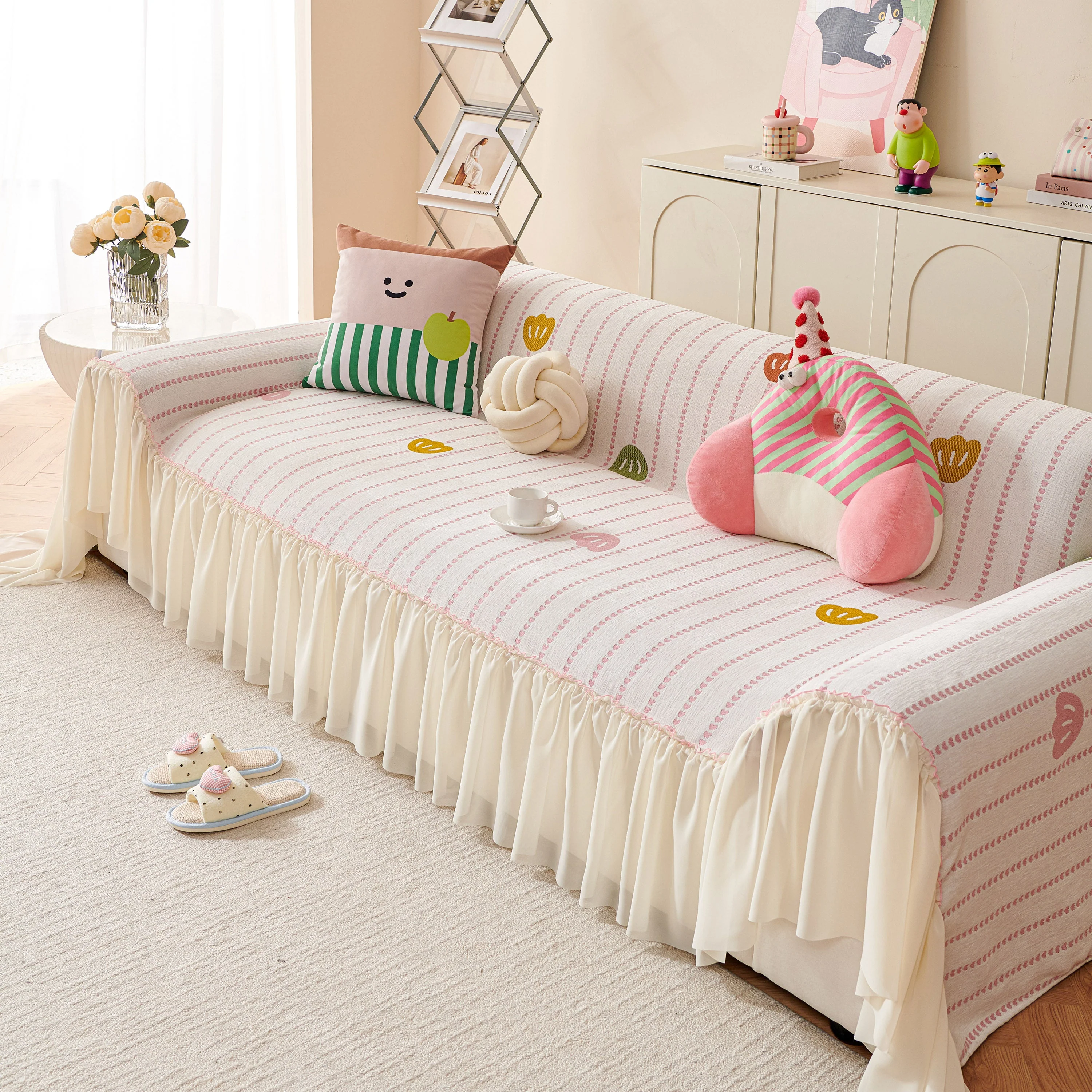 Cute Dotted Stripe Couch Protector, Non-Slip Washable Sofa Cover with Ruffled Skirt - Image 5