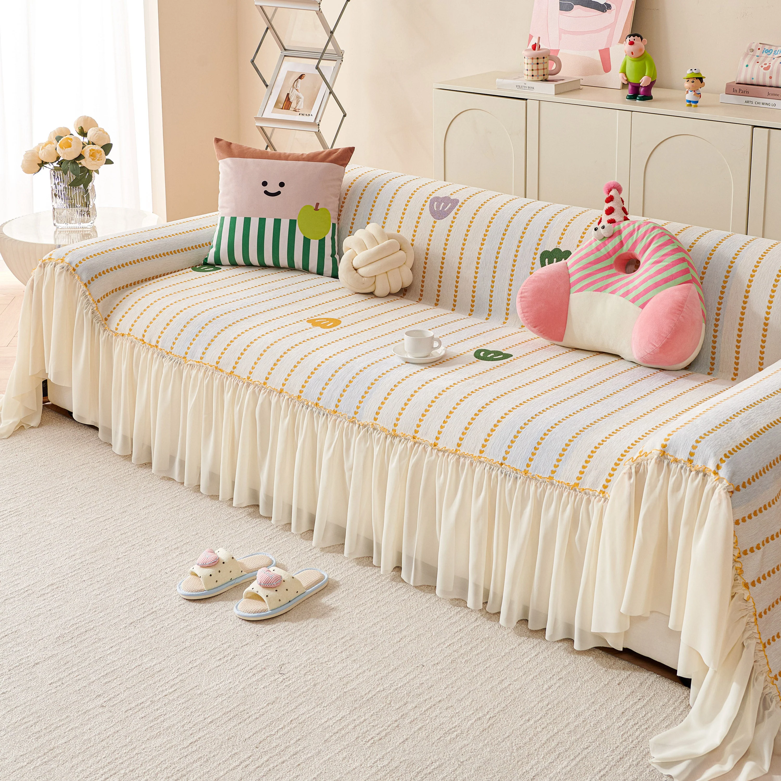 Cute Dotted Stripe Couch Protector, Non-Slip Washable Sofa Cover with Ruffled Skirt - Image 50