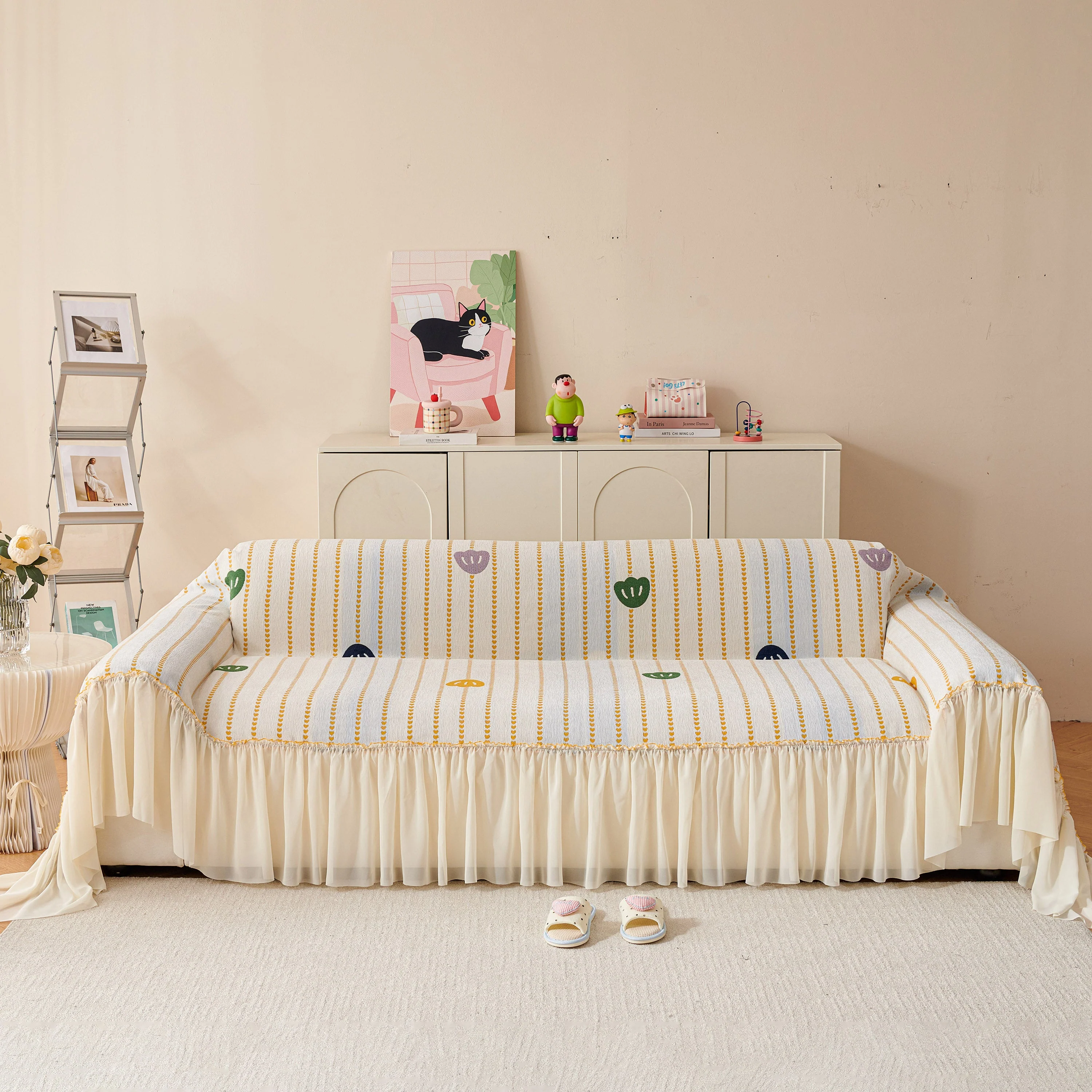 Cute Dotted Stripe Couch Protector, Non-Slip Washable Sofa Cover with Ruffled Skirt - Image 51