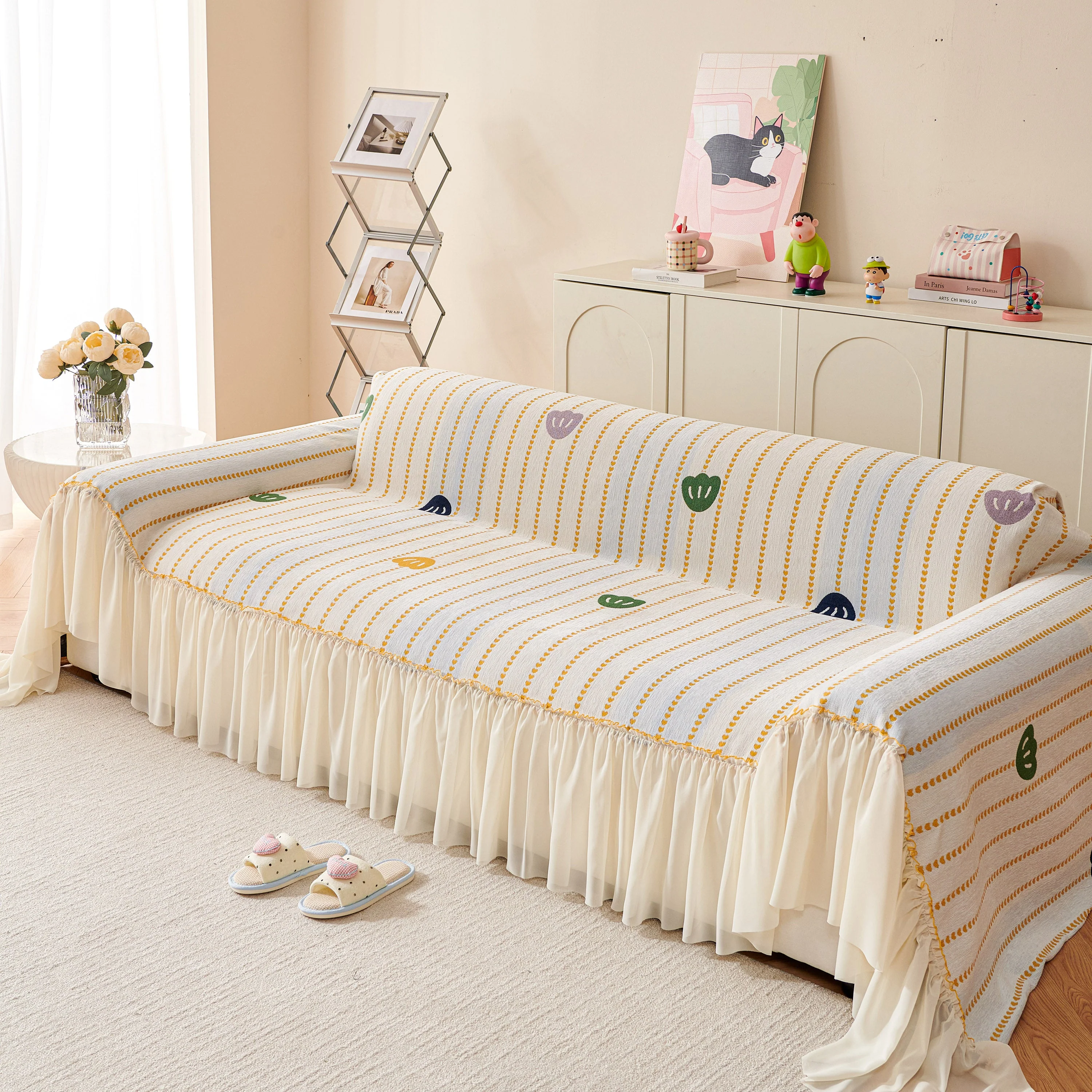 Cute Dotted Stripe Couch Protector, Non-Slip Washable Sofa Cover with Ruffled Skirt - Image 52