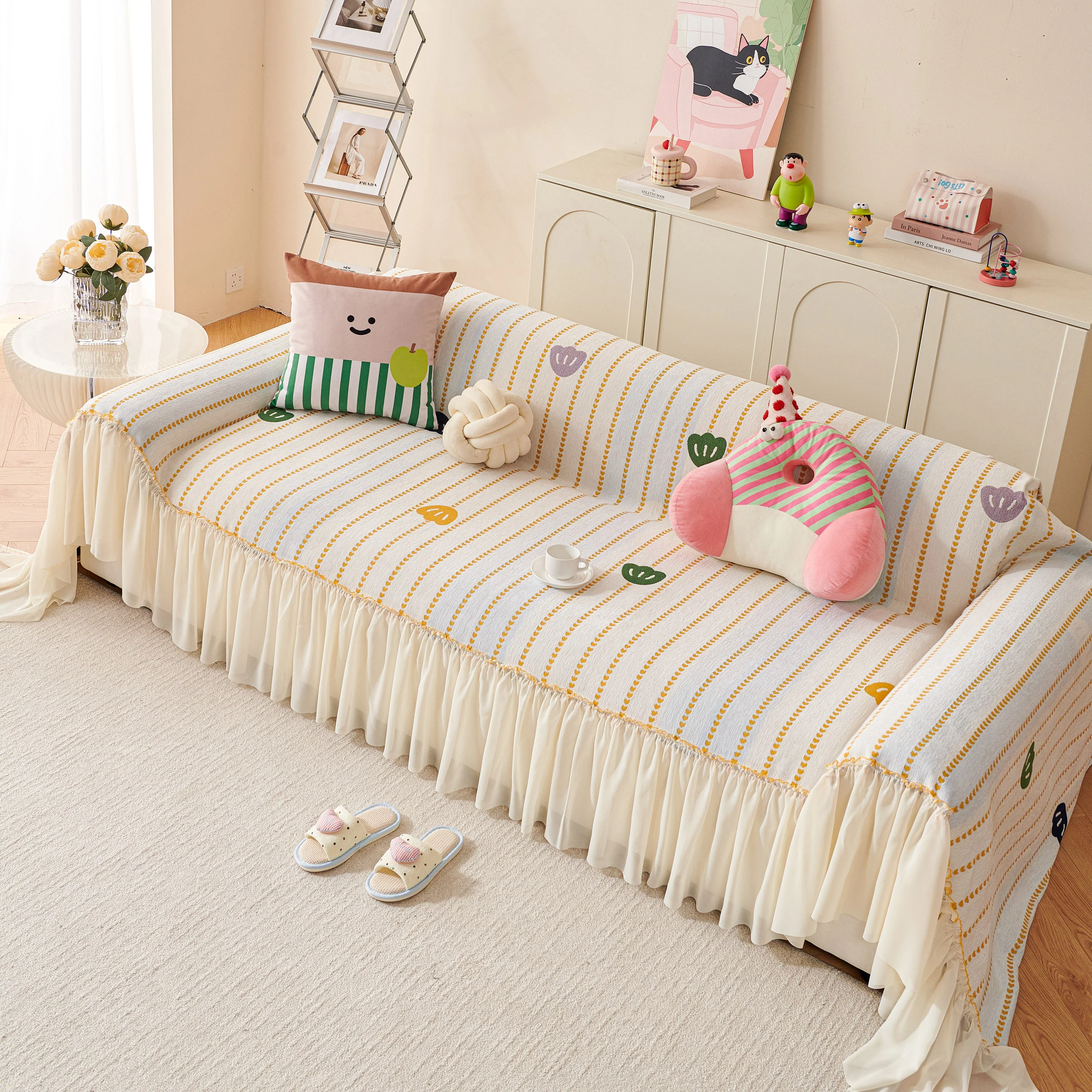 Cute Dotted Stripe Couch Protector, Non-Slip Washable Sofa Cover with Ruffled Skirt - Image 53