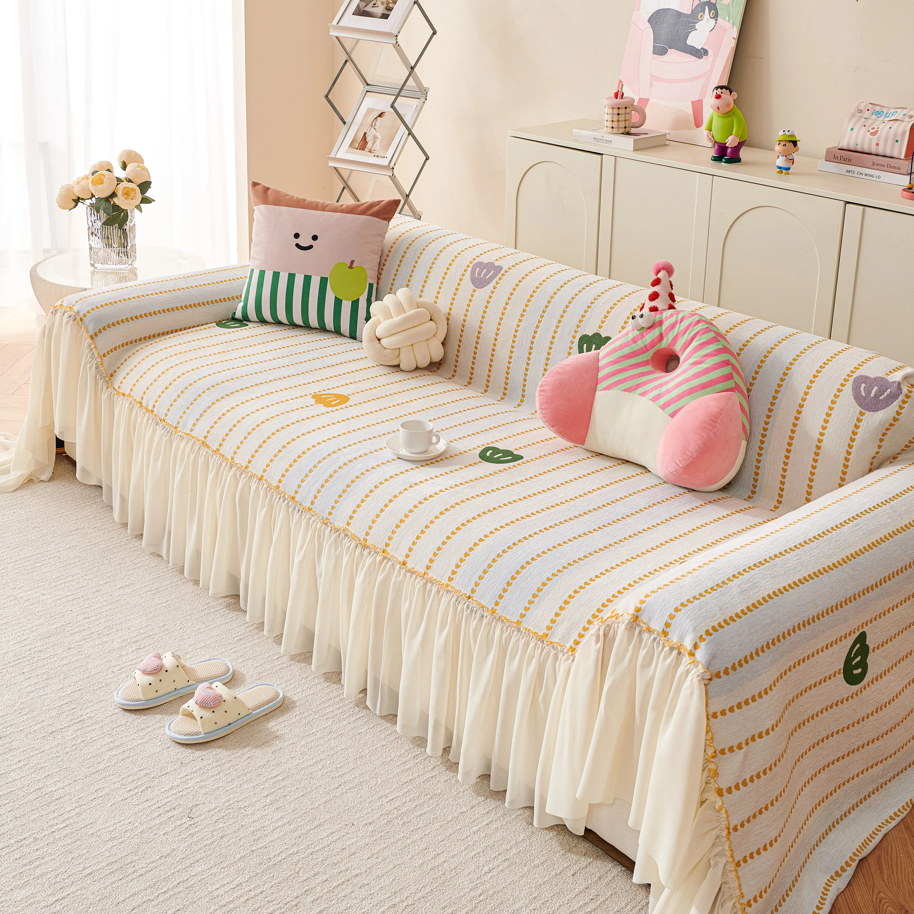 Cute Dotted Stripe Couch Protector, Non-Slip Washable Sofa Cover with Ruffled Skirt - Image 54