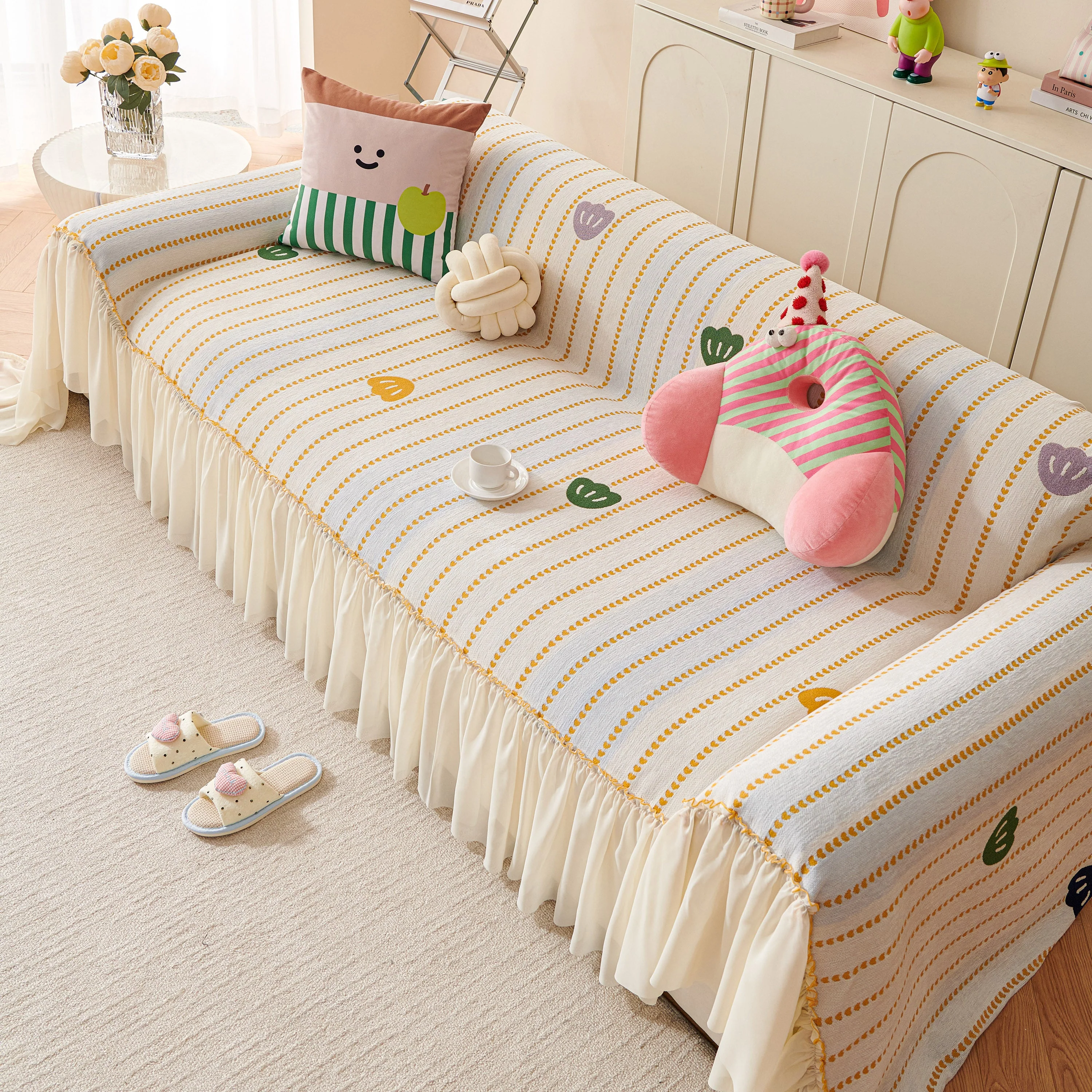 Cute Dotted Stripe Couch Protector, Non-Slip Washable Sofa Cover with Ruffled Skirt - Image 55