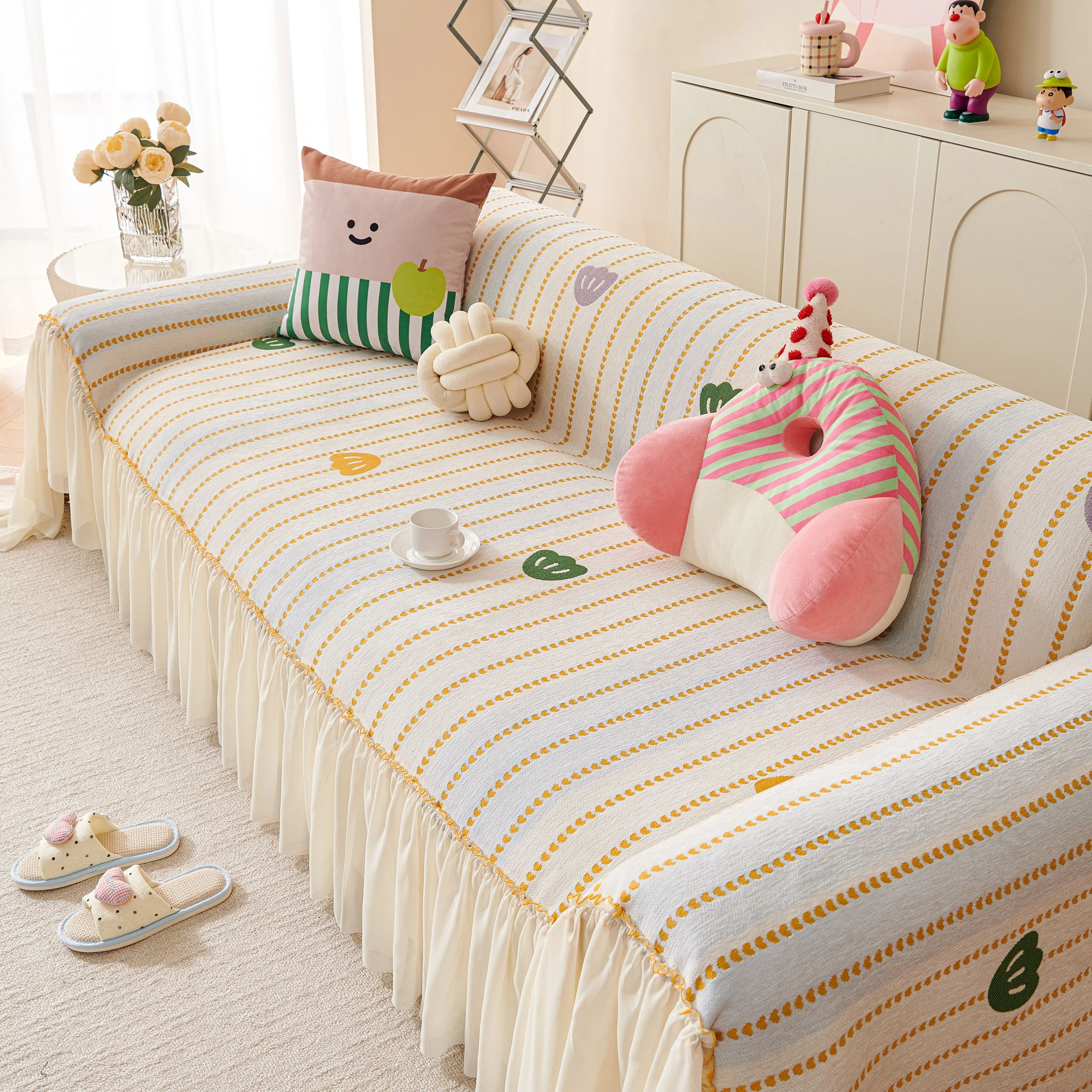 Cute Dotted Stripe Couch Protector, Non-Slip Washable Sofa Cover with Ruffled Skirt - Image 56