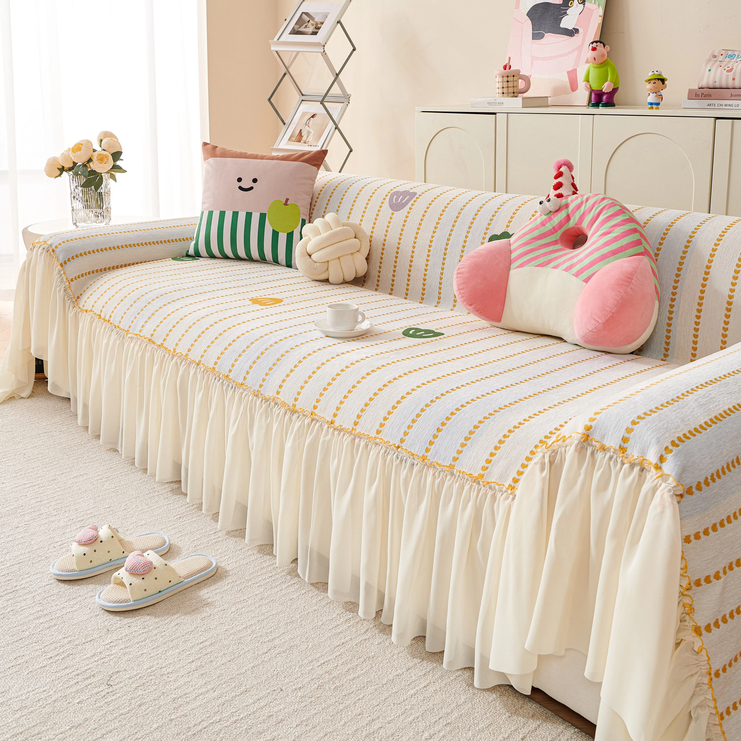 Cute Dotted Stripe Couch Protector, Non-Slip Washable Sofa Cover with Ruffled Skirt - Image 57