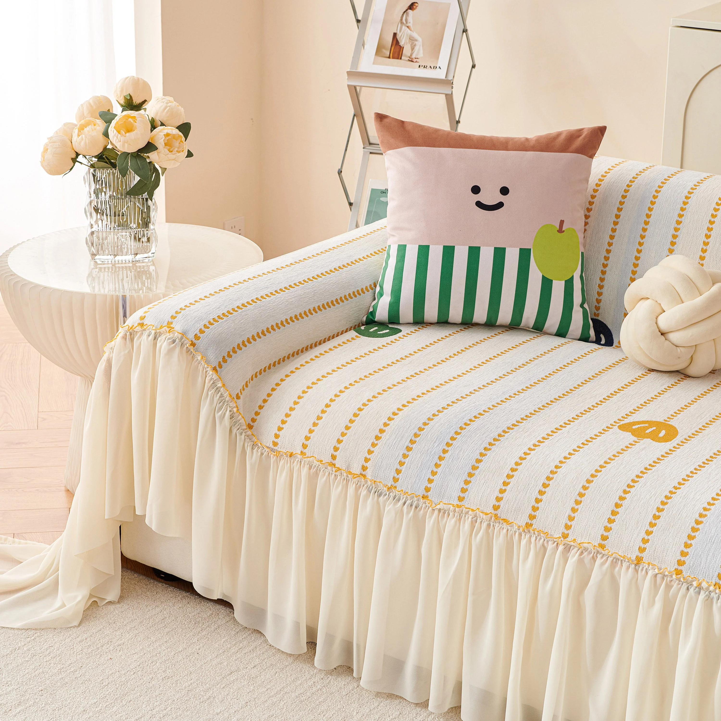 Cute Dotted Stripe Couch Protector, Non-Slip Washable Sofa Cover with Ruffled Skirt - Image 58