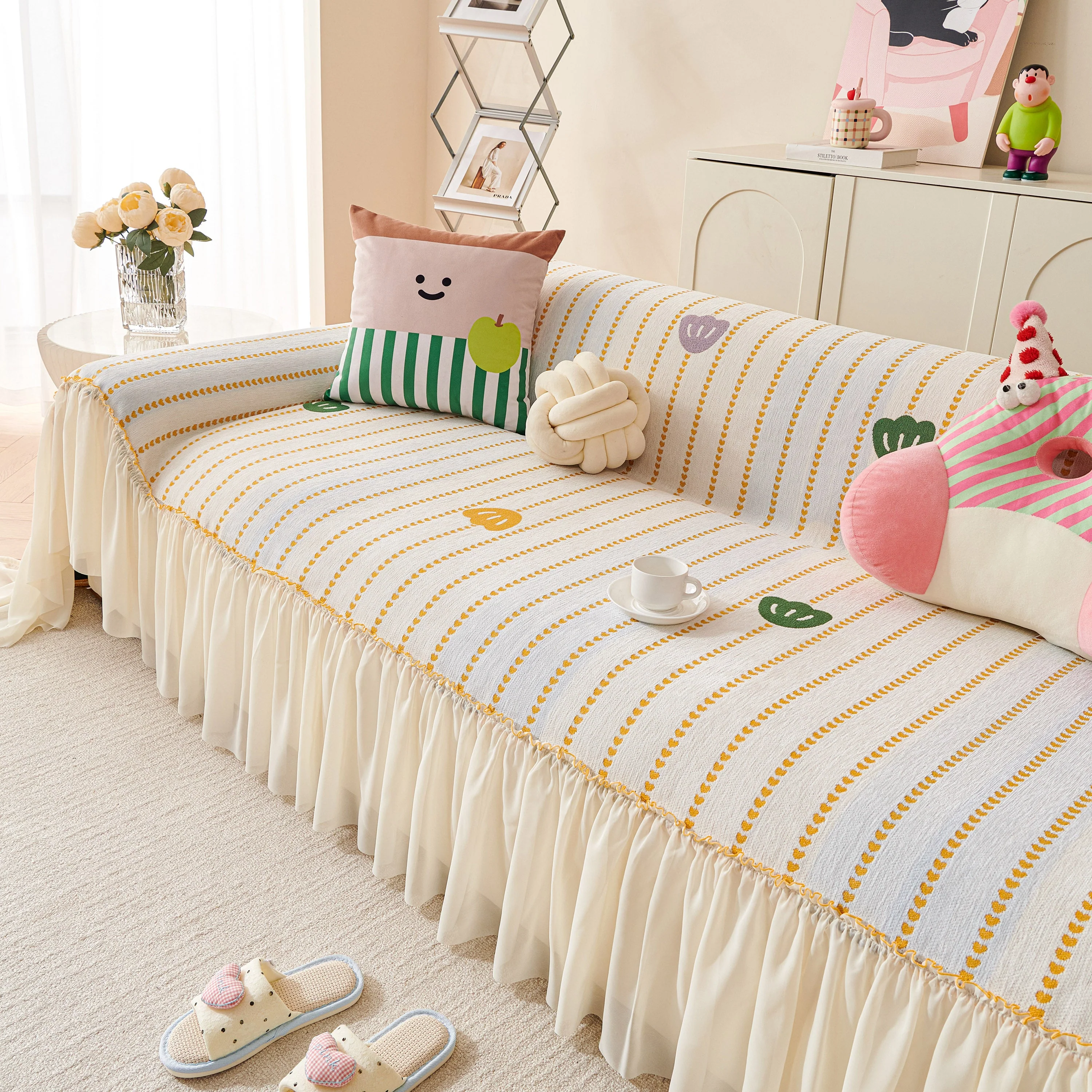 Cute Dotted Stripe Couch Protector, Non-Slip Washable Sofa Cover with Ruffled Skirt - Image 59