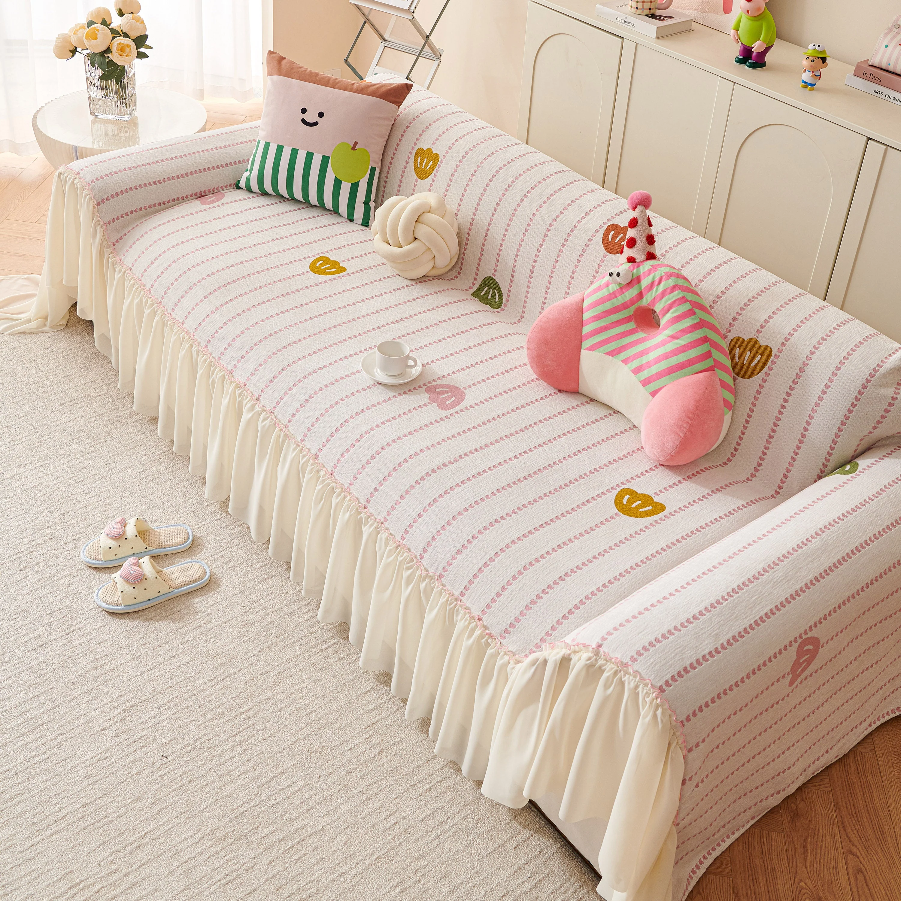 Cute Dotted Stripe Couch Protector, Non-Slip Washable Sofa Cover with Ruffled Skirt - Image 6