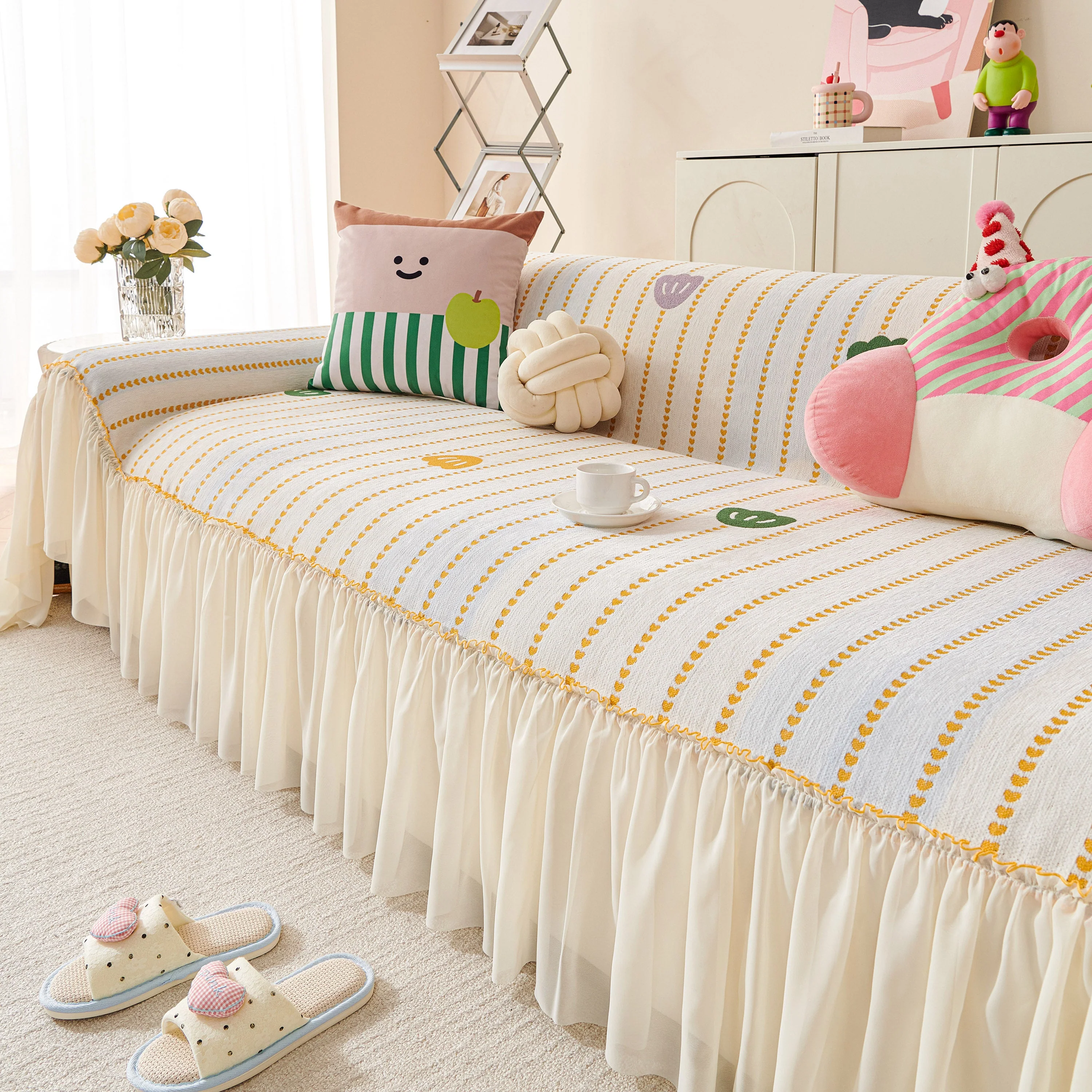 Cute Dotted Stripe Couch Protector, Non-Slip Washable Sofa Cover with Ruffled Skirt - Image 60