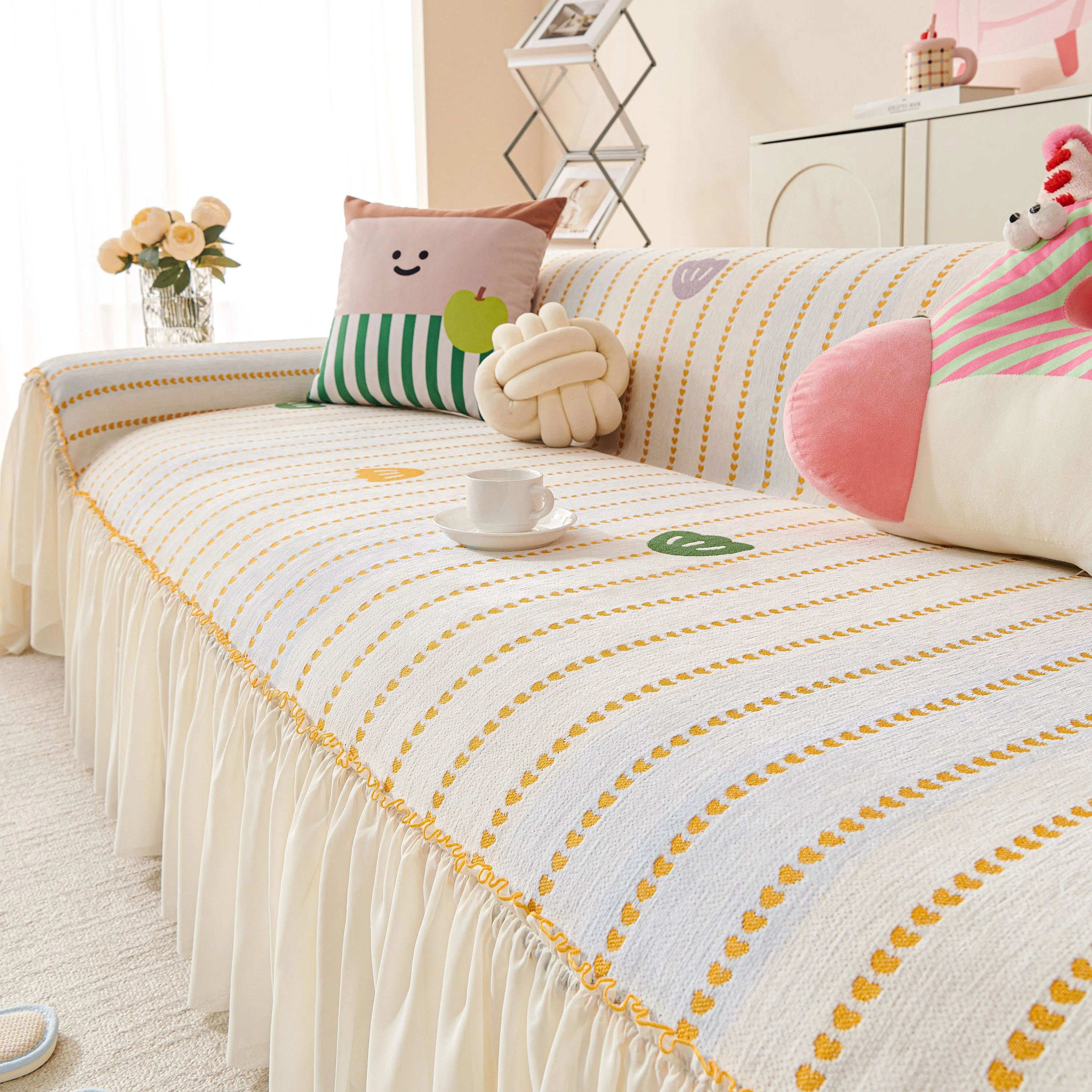 Cute Dotted Stripe Couch Protector, Non-Slip Washable Sofa Cover with Ruffled Skirt - Image 61