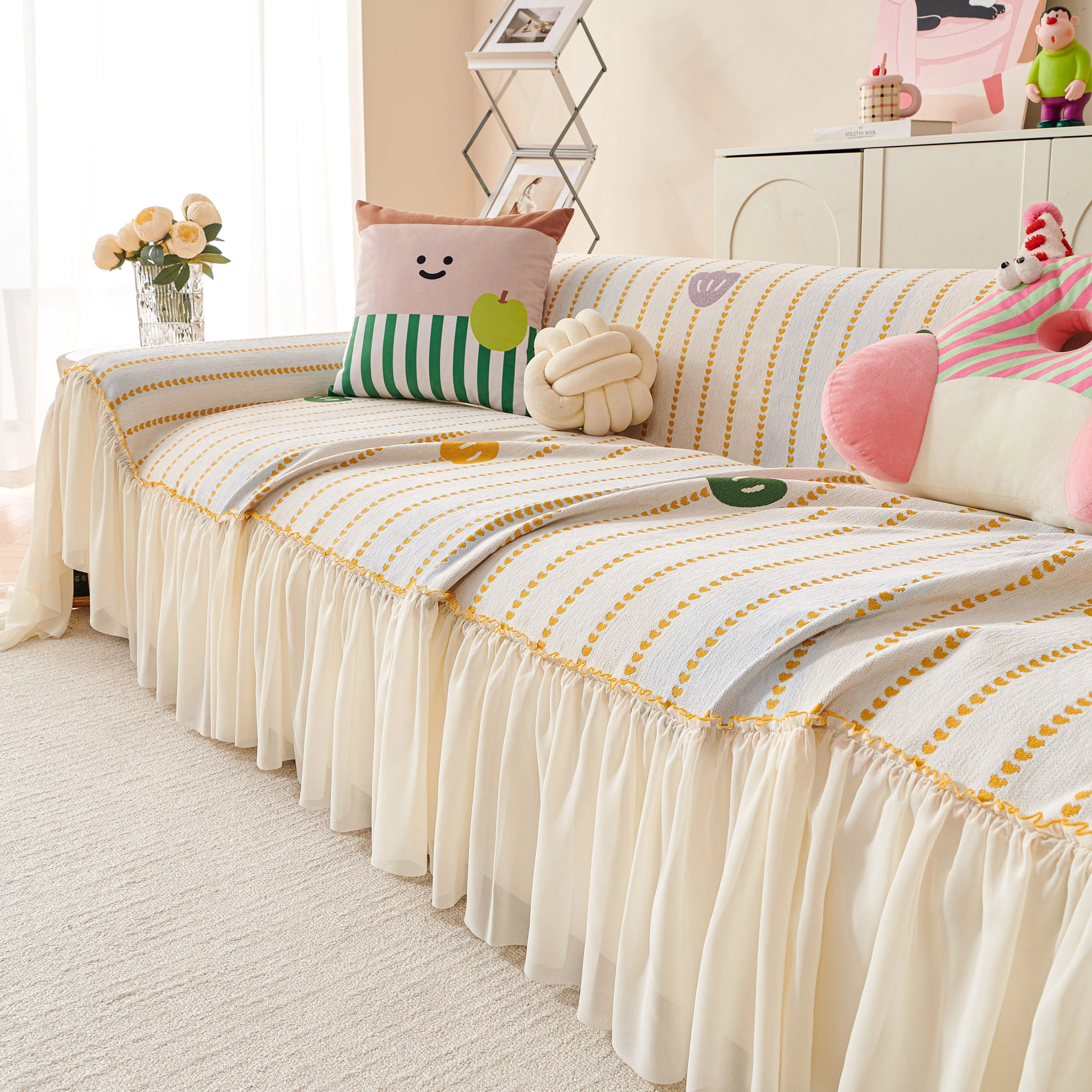 Cute Dotted Stripe Couch Protector, Non-Slip Washable Sofa Cover with Ruffled Skirt - Image 66