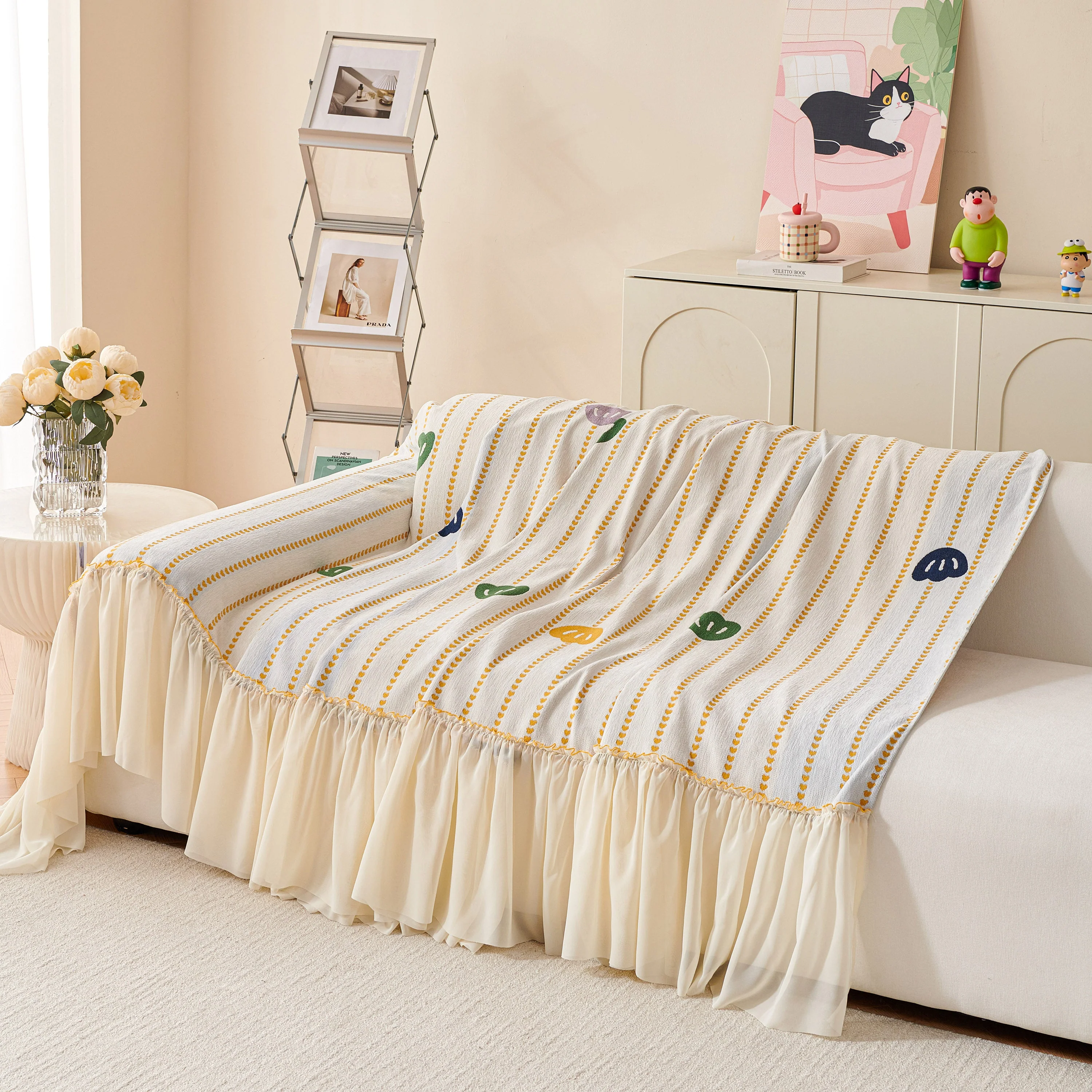 Cute Dotted Stripe Couch Protector, Non-Slip Washable Sofa Cover with Ruffled Skirt - Image 67
