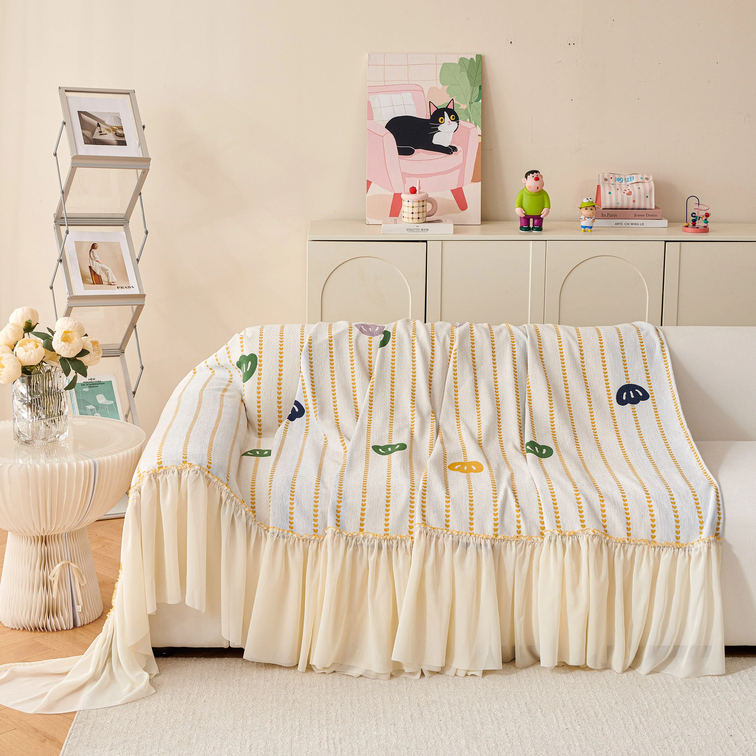 Cute Dotted Stripe Couch Protector, Non-Slip Washable Sofa Cover with Ruffled Skirt - Image 68