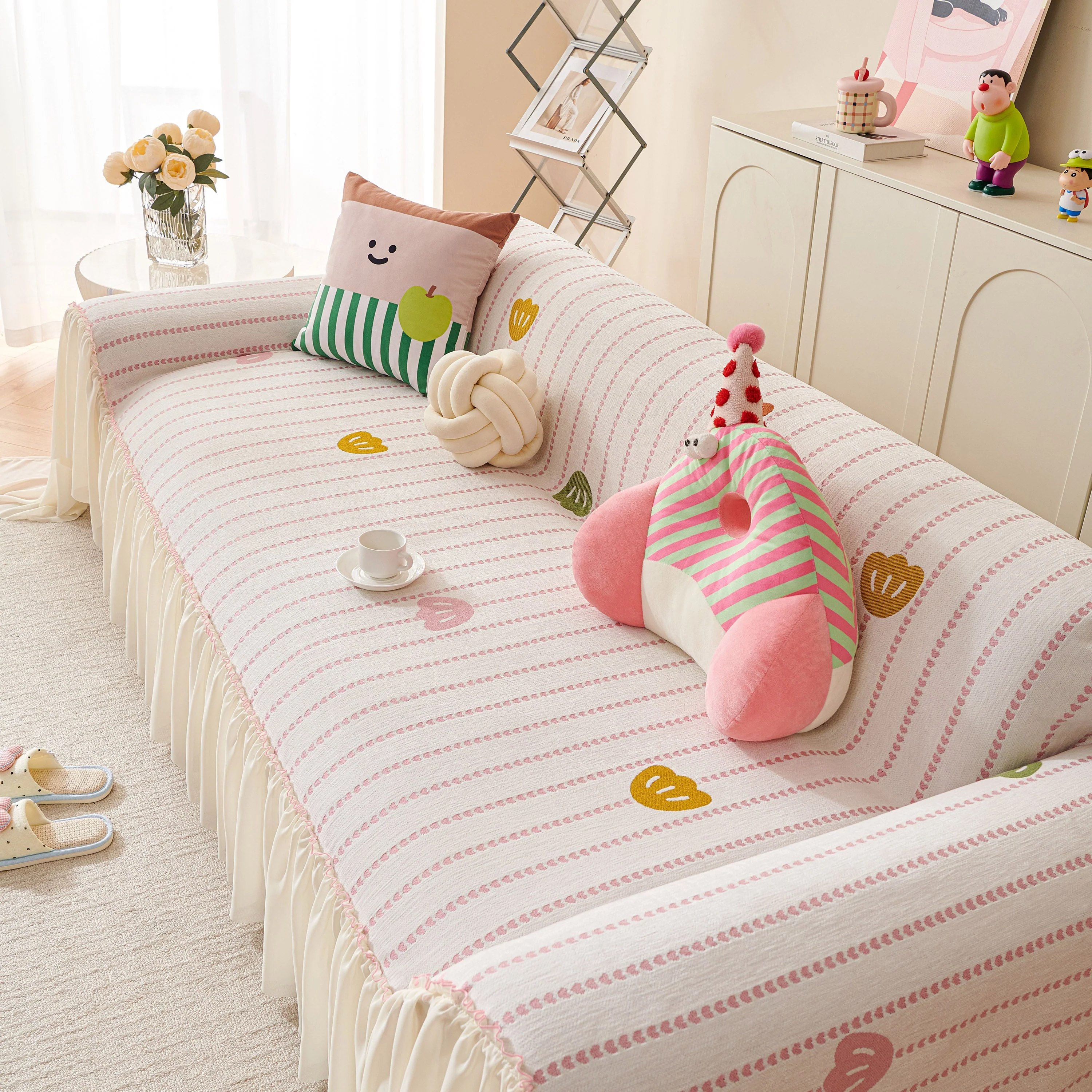 Cute Dotted Stripe Couch Protector, Non-Slip Washable Sofa Cover with Ruffled Skirt - Image 7