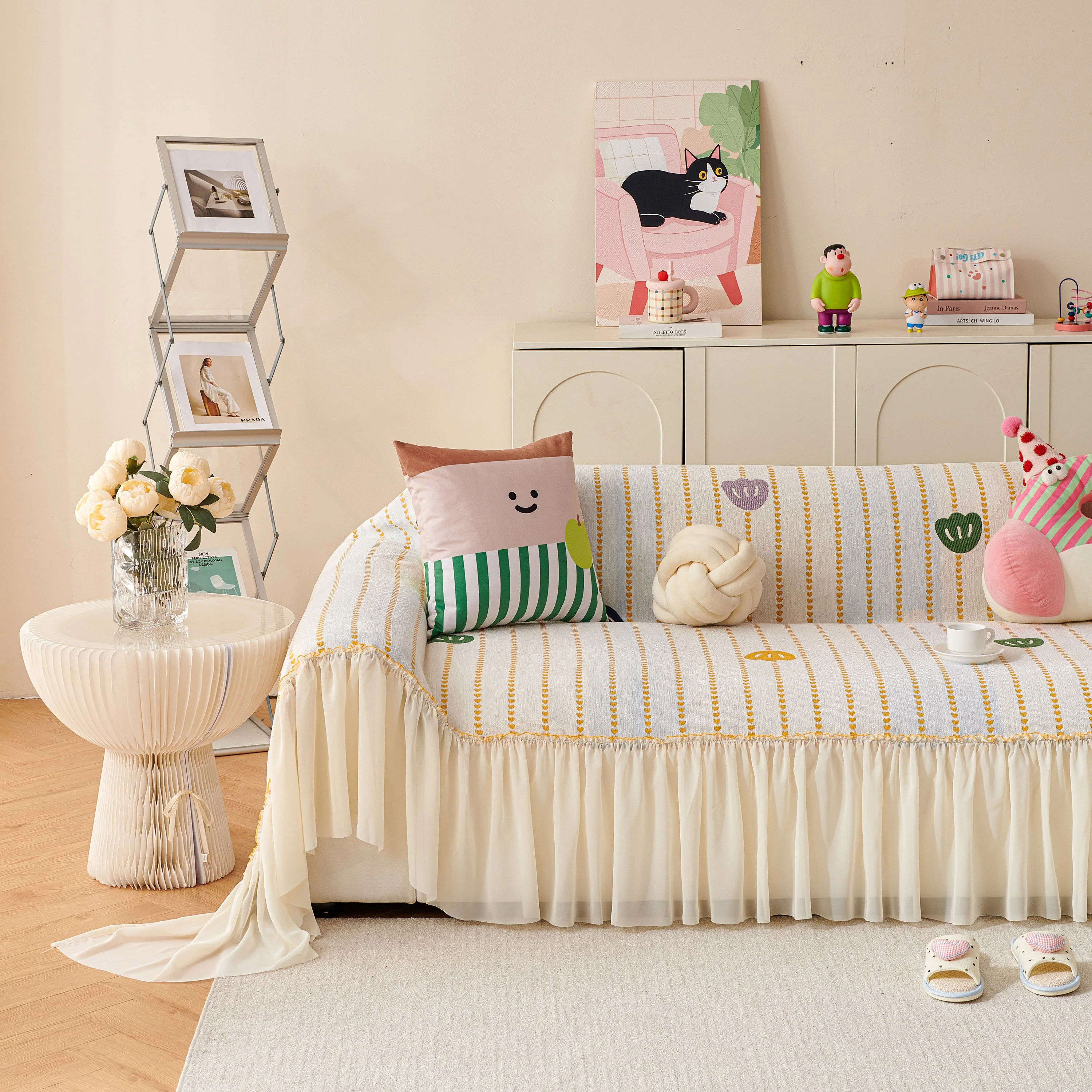 Cute Dotted Stripe Couch Protector, Non-Slip Washable Sofa Cover with Ruffled Skirt - Image 72