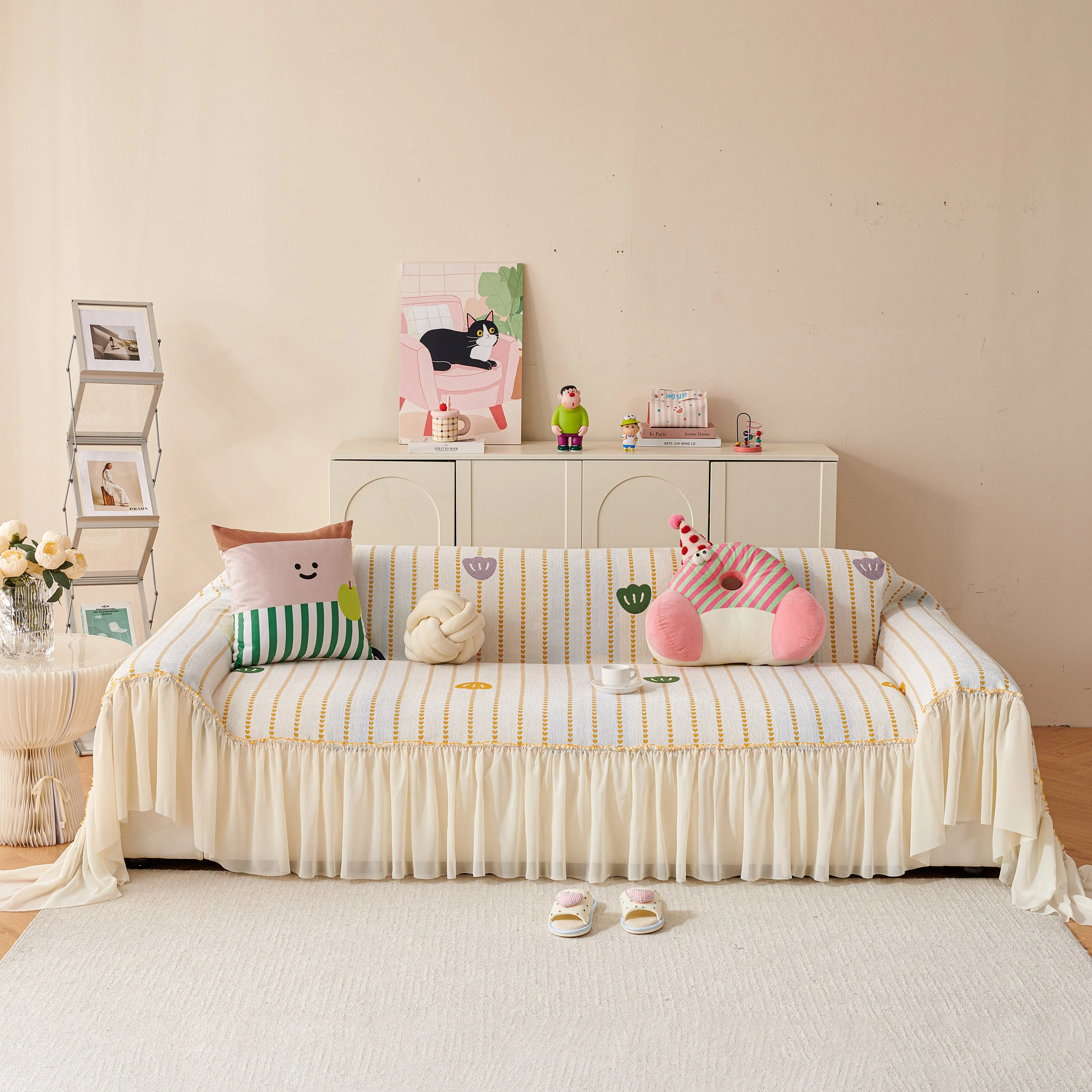 Cute Dotted Stripe Couch Protector, Non-Slip Washable Sofa Cover with Ruffled Skirt - Image 73