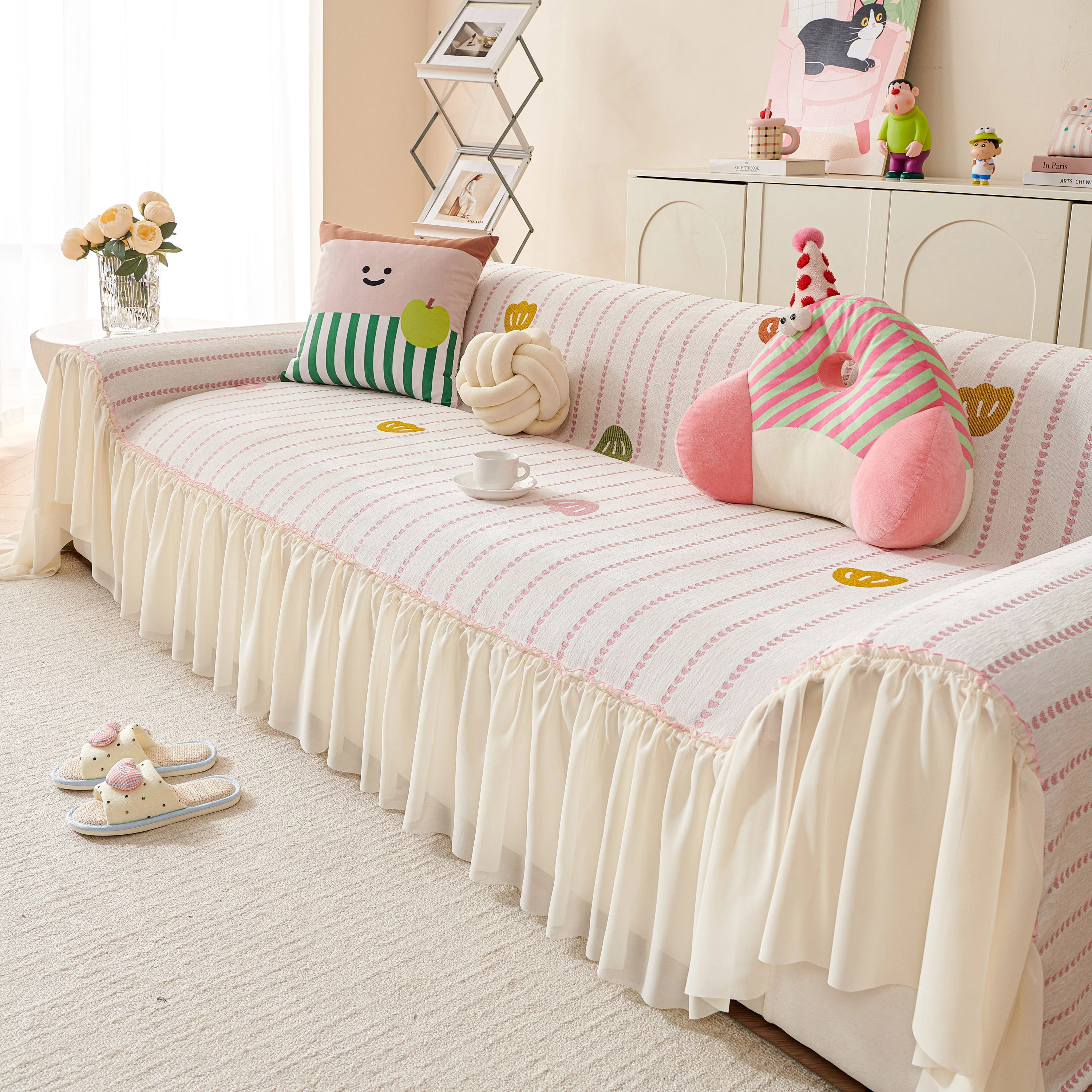 Cute Dotted Stripe Couch Protector, Non-Slip Washable Sofa Cover with Ruffled Skirt - Image 8