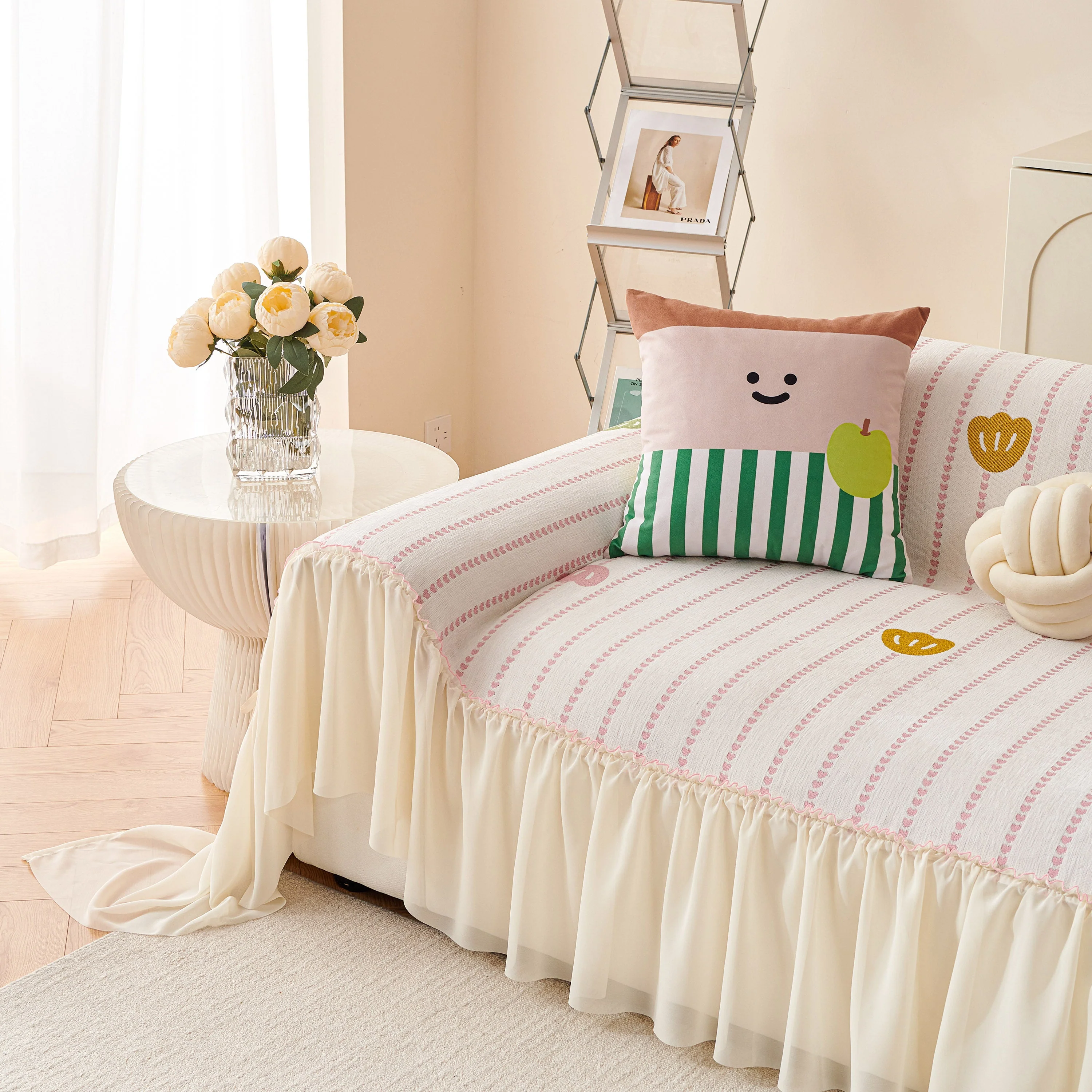 Cute Dotted Stripe Couch Protector, Non-Slip Washable Sofa Cover with Ruffled Skirt - Image 9