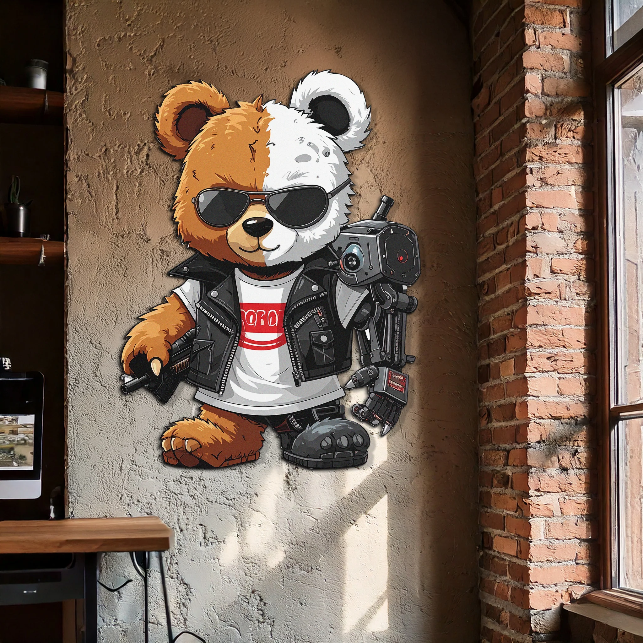 Cyborg Teddy Bear Metal Wall Art – Cool UV Printed Robo Decor-KAFUVM016 - Image 2