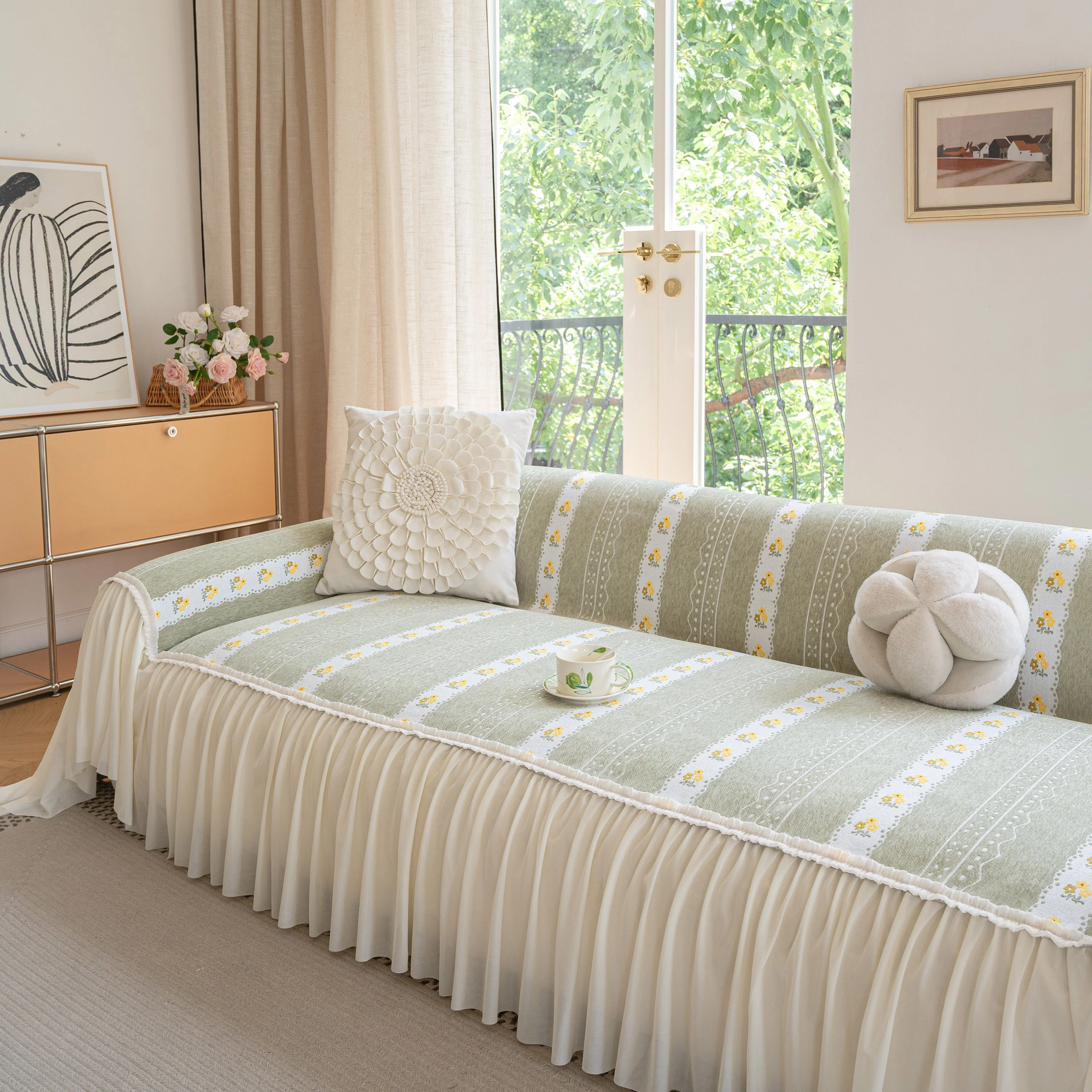 Daisy Striped Sofa Cover with Sheer Ruffle Skirt, Floral Soft Slipcover Blanket - Image 10