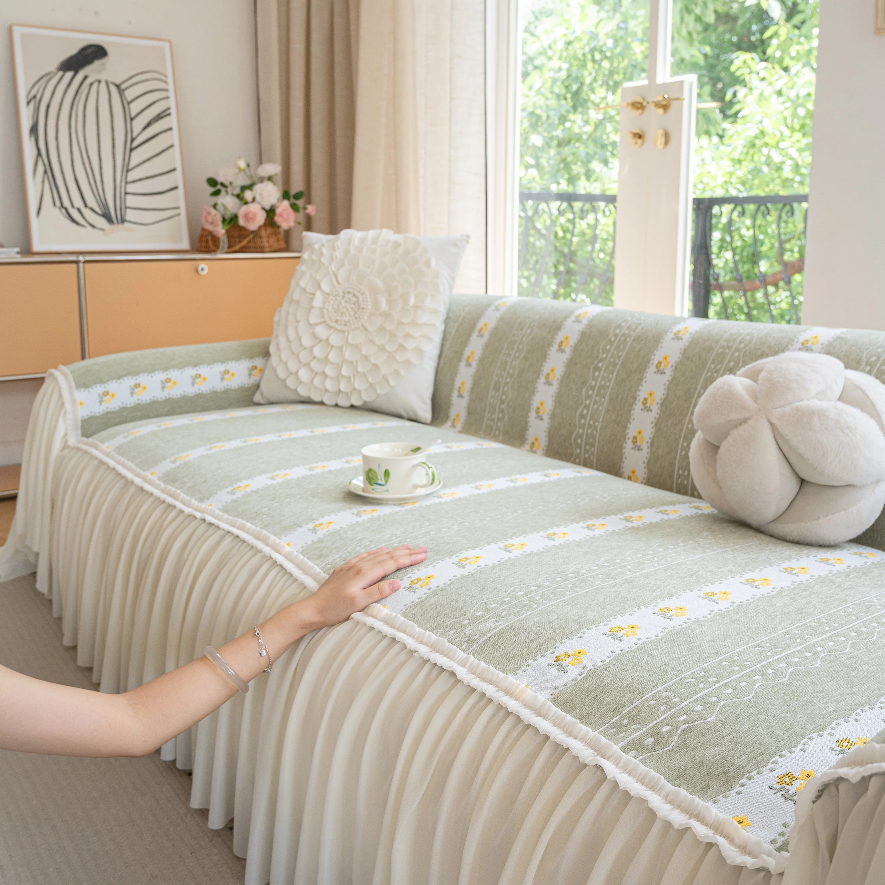Daisy Striped Sofa Cover with Sheer Ruffle Skirt, Floral Soft Slipcover Blanket - Image 11