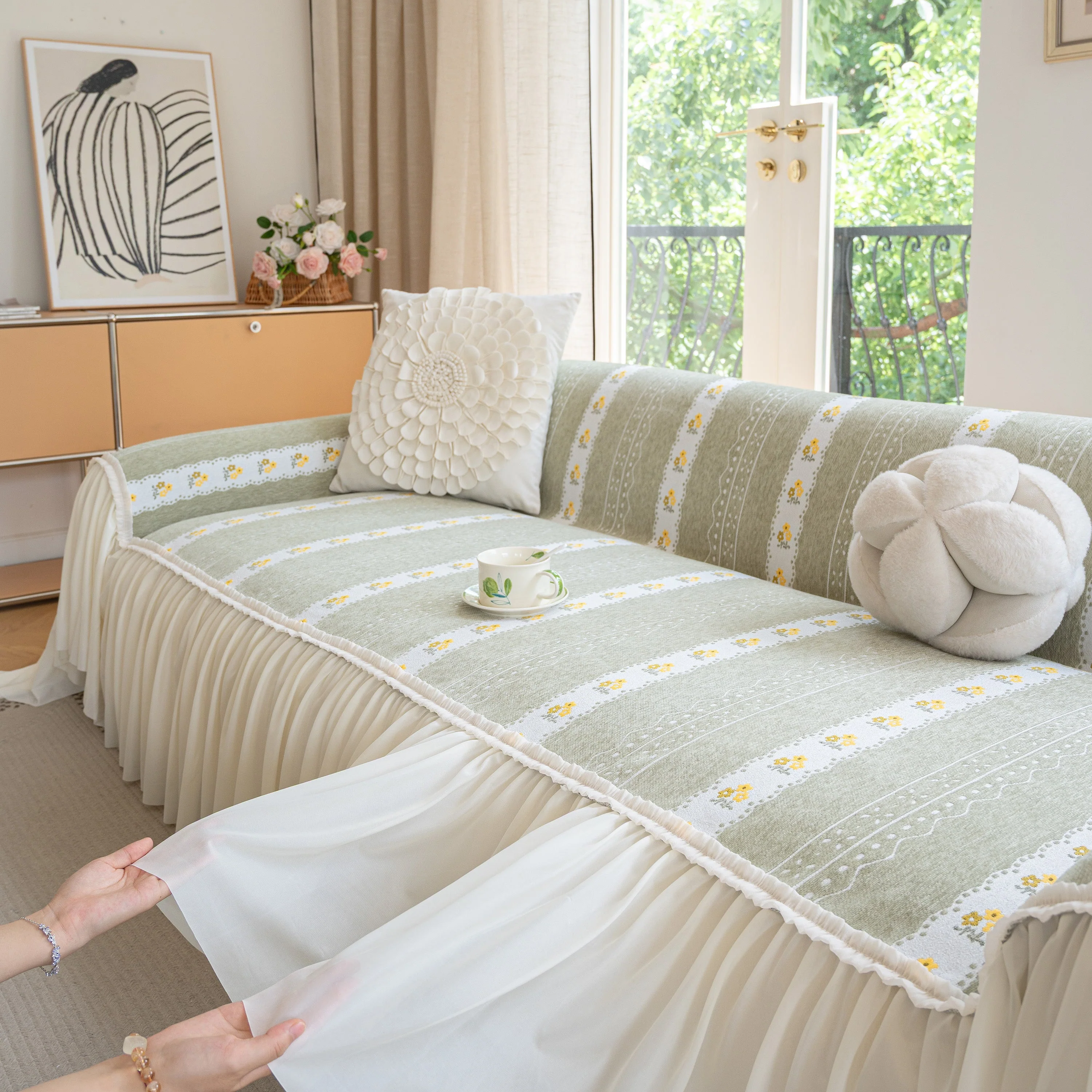 Daisy Striped Sofa Cover with Sheer Ruffle Skirt, Floral Soft Slipcover Blanket - Image 12