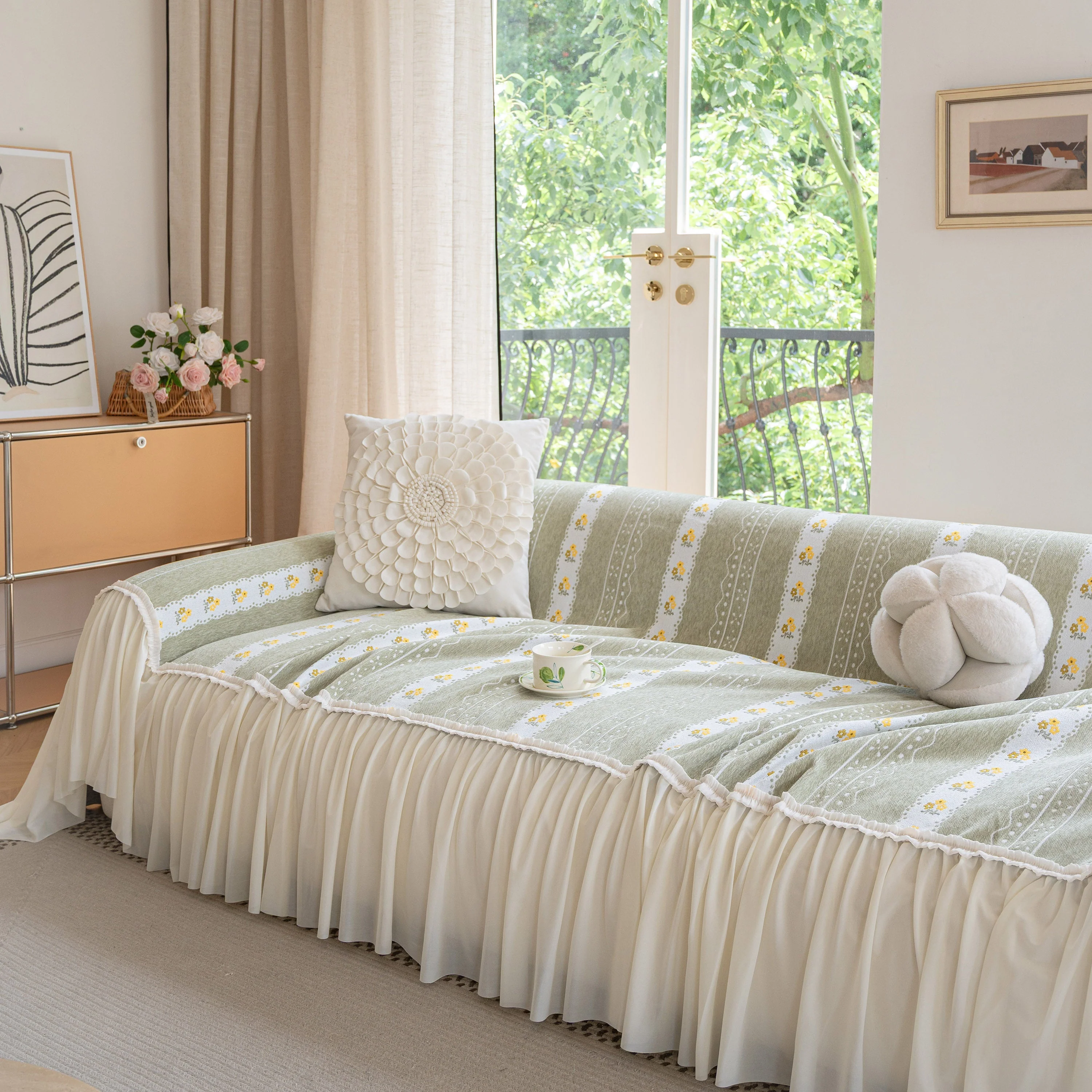 Daisy Striped Sofa Cover with Sheer Ruffle Skirt, Floral Soft Slipcover Blanket - Image 14