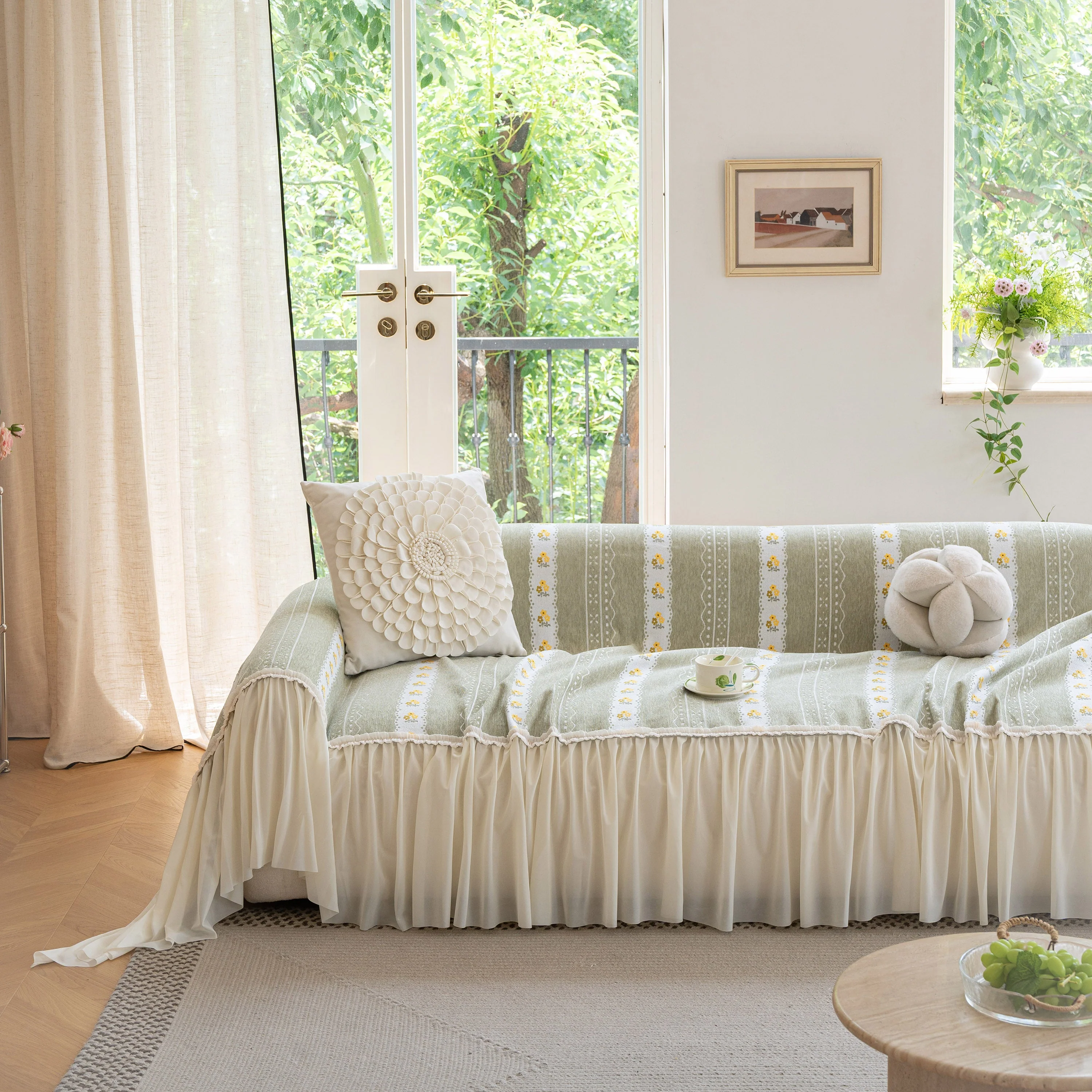 Daisy Striped Sofa Cover with Sheer Ruffle Skirt, Floral Soft Slipcover Blanket - Image 18