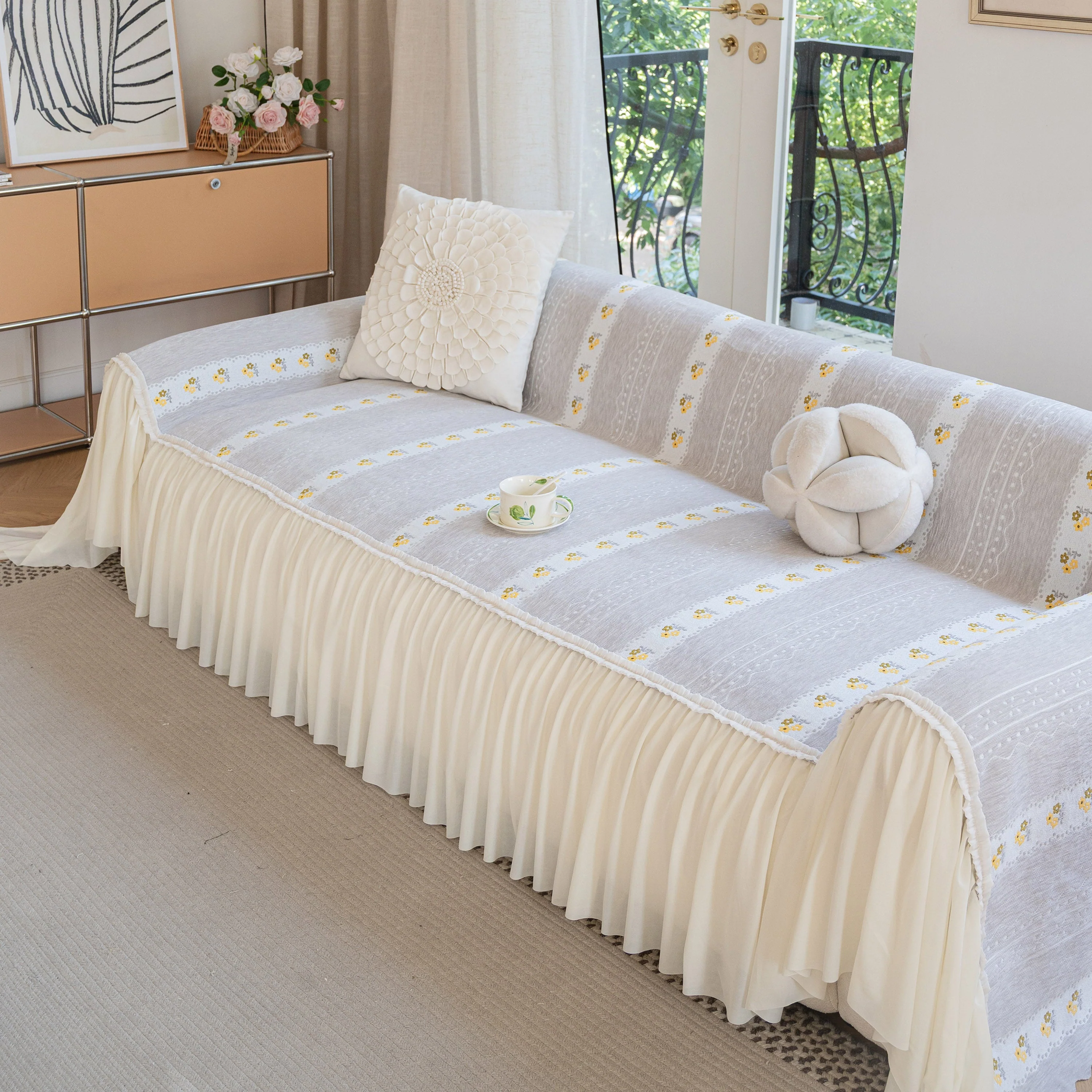 Daisy Striped Sofa Cover with Sheer Ruffle Skirt, Floral Soft Slipcover Blanket - Image 19