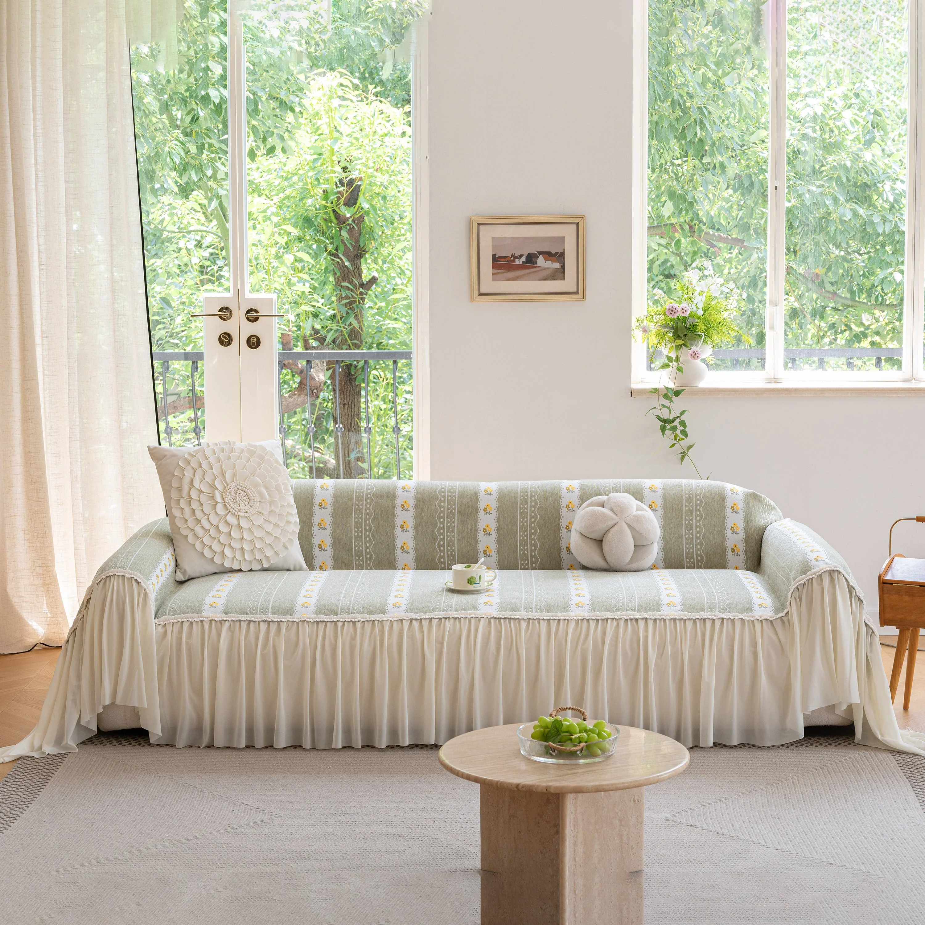 Daisy Striped Sofa Cover with Sheer Ruffle Skirt, Floral Soft Slipcover Blanket - Image 2