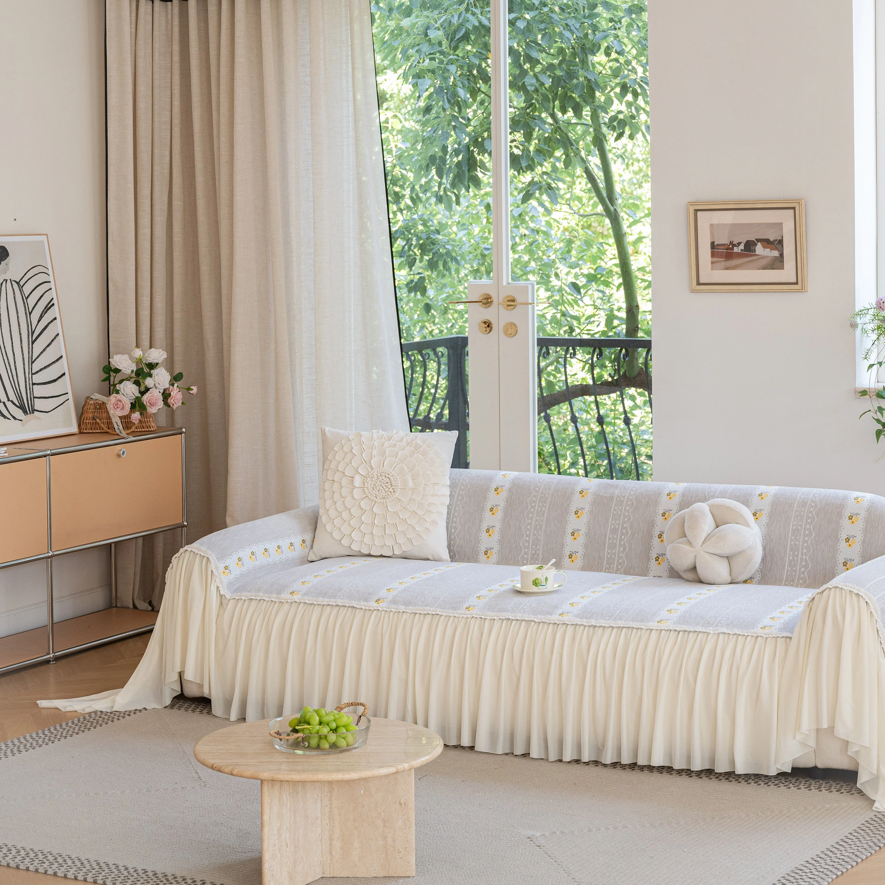 Daisy Striped Sofa Cover with Sheer Ruffle Skirt, Floral Soft Slipcover Blanket - Image 21