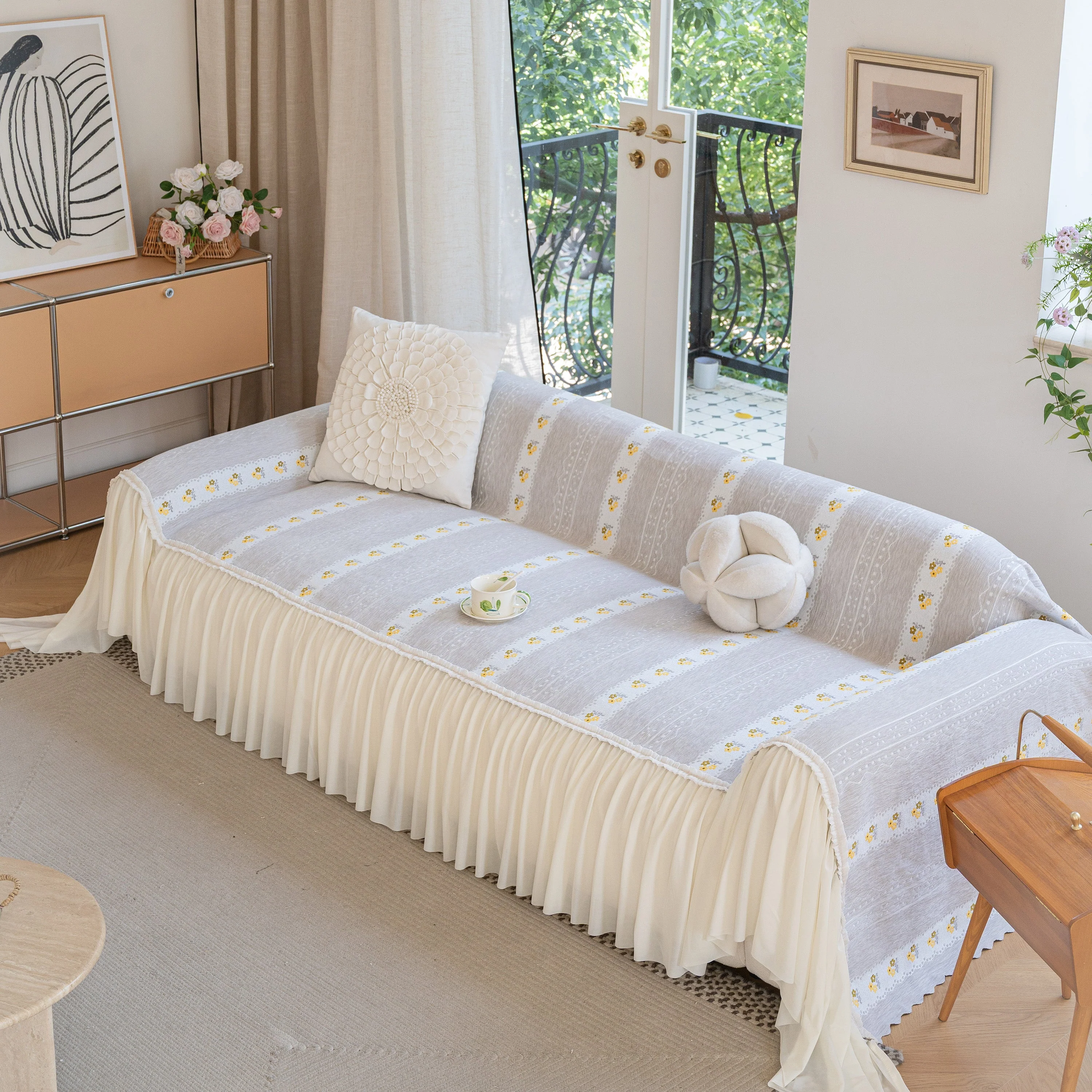Daisy Striped Sofa Cover with Sheer Ruffle Skirt, Floral Soft Slipcover Blanket - Image 23