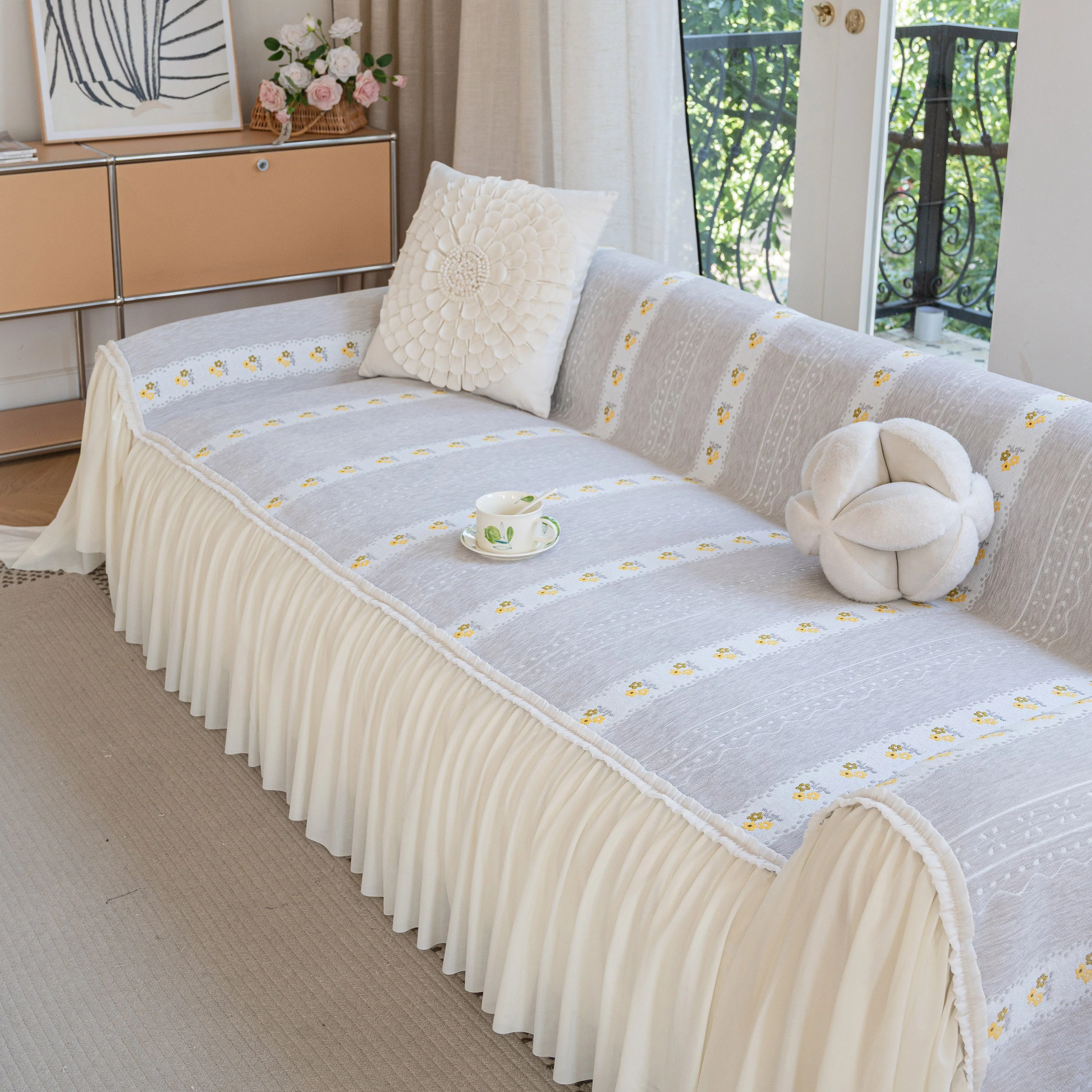 Daisy Striped Sofa Cover with Sheer Ruffle Skirt, Floral Soft Slipcover Blanket - Image 24