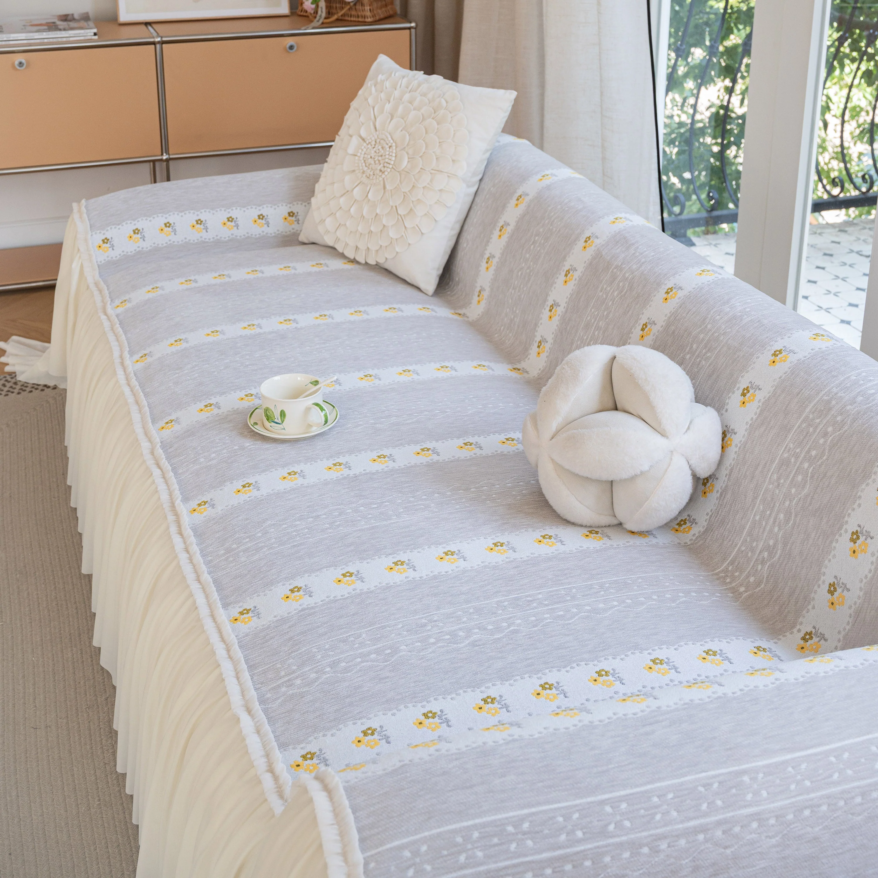 Daisy Striped Sofa Cover with Sheer Ruffle Skirt, Floral Soft Slipcover Blanket - Image 25