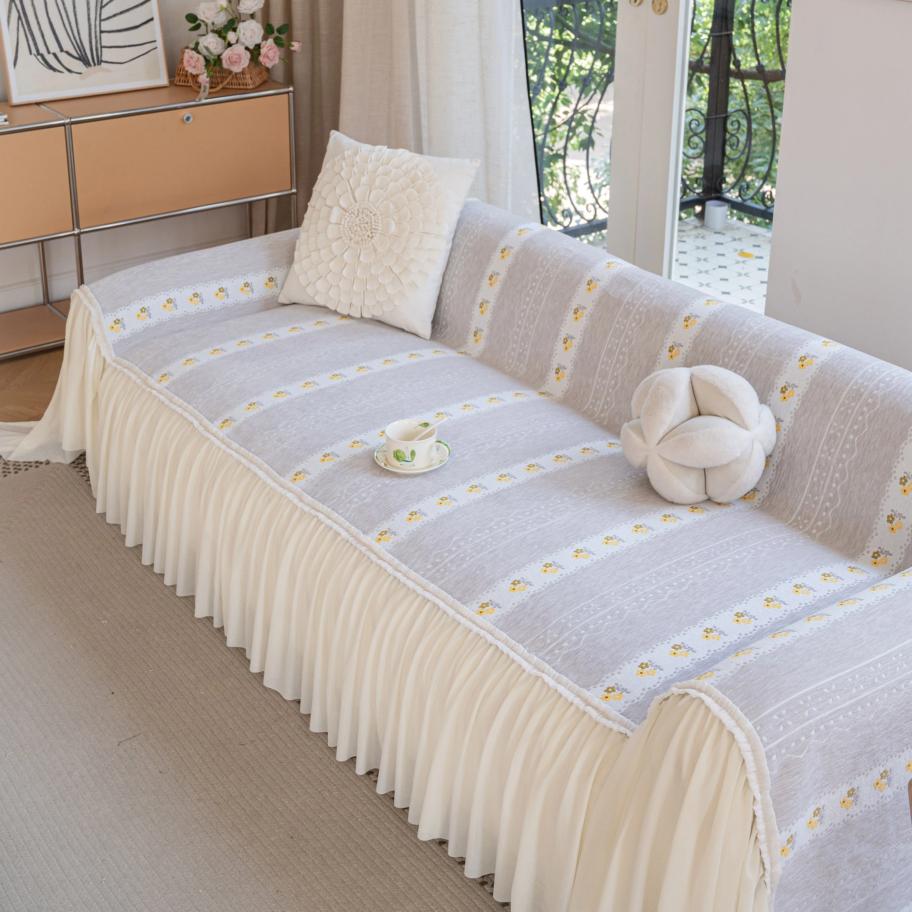 Daisy Striped Sofa Cover with Sheer Ruffle Skirt, Floral Soft Slipcover Blanket - Image 26