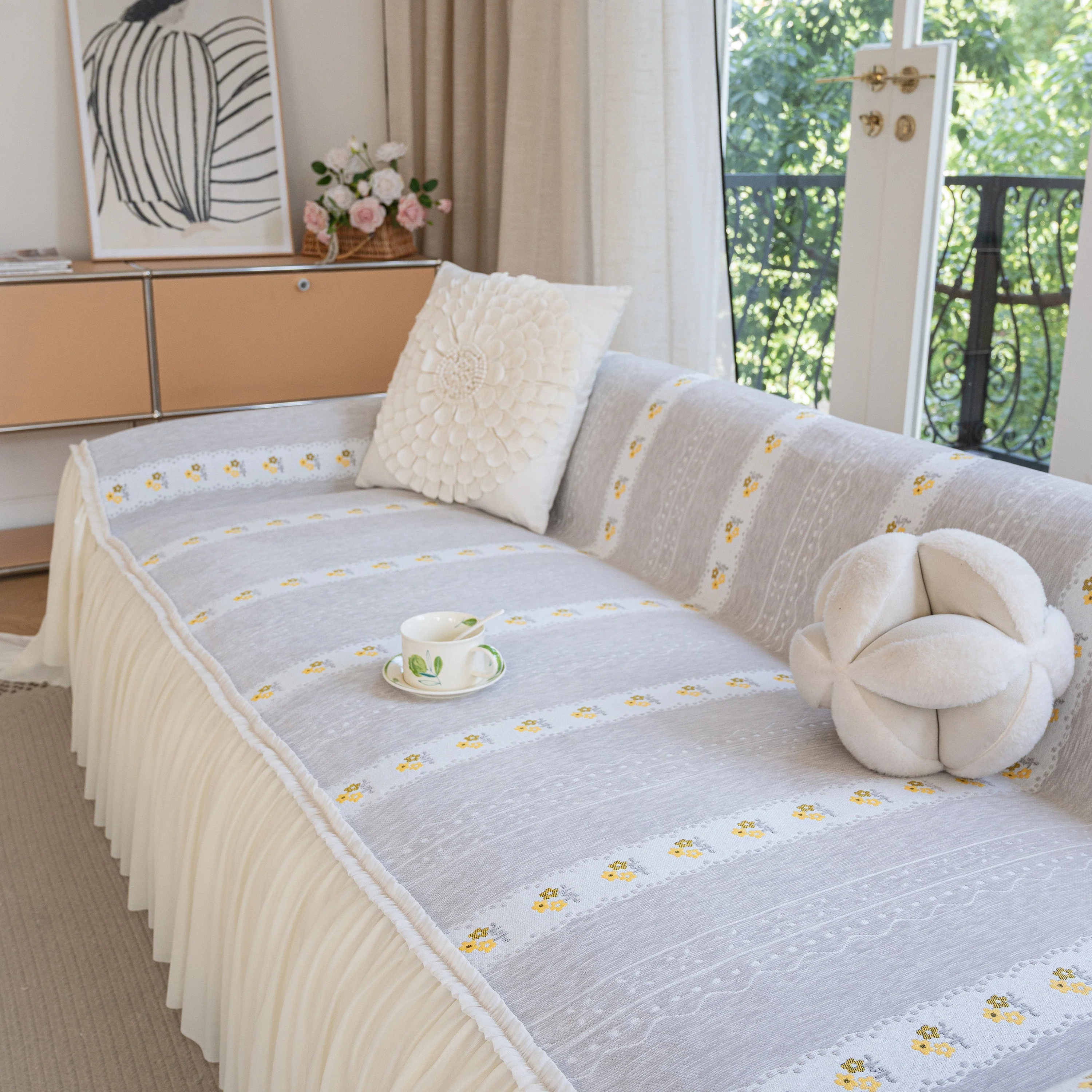 Daisy Striped Sofa Cover with Sheer Ruffle Skirt, Floral Soft Slipcover Blanket - Image 27