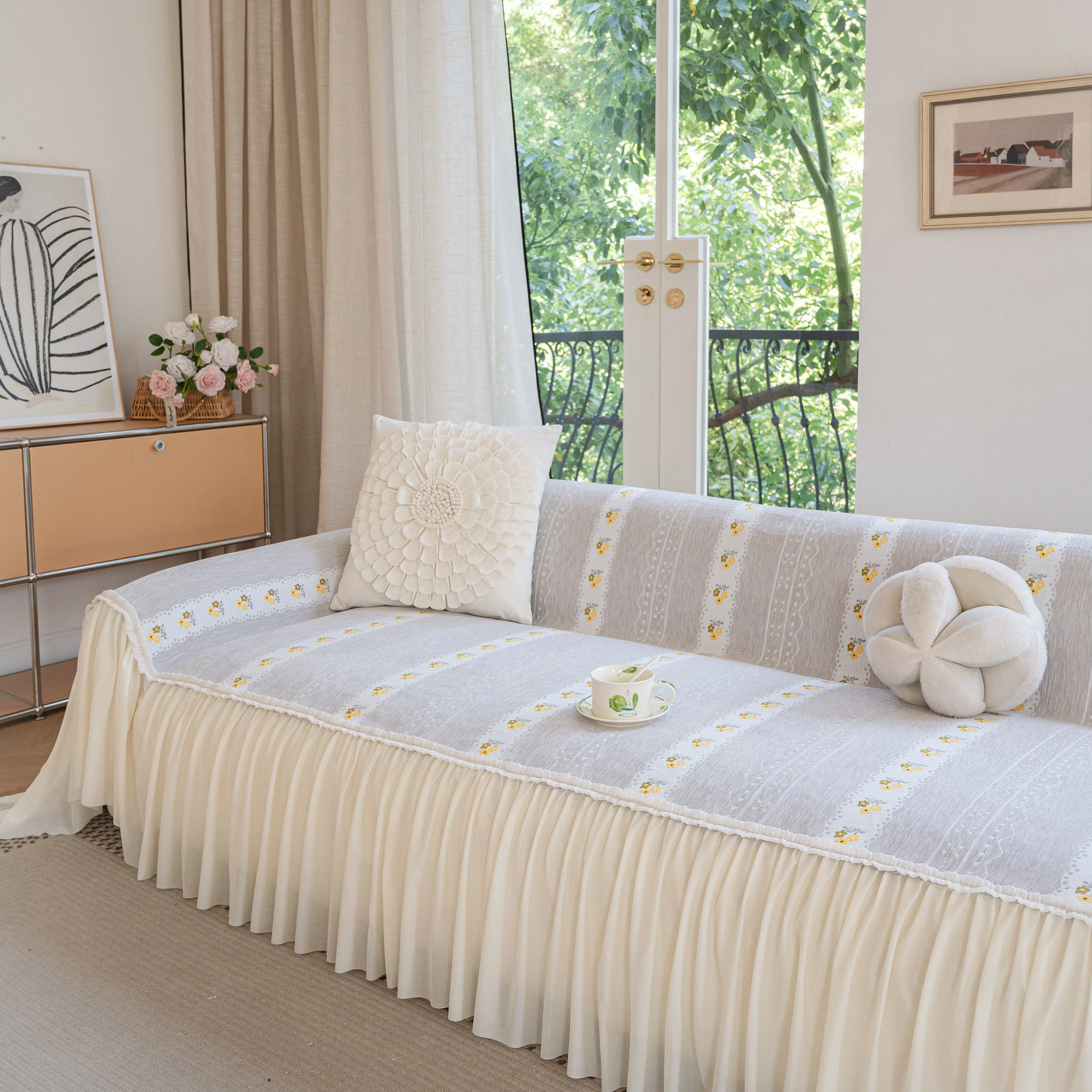 Daisy Striped Sofa Cover with Sheer Ruffle Skirt, Floral Soft Slipcover Blanket - Image 28