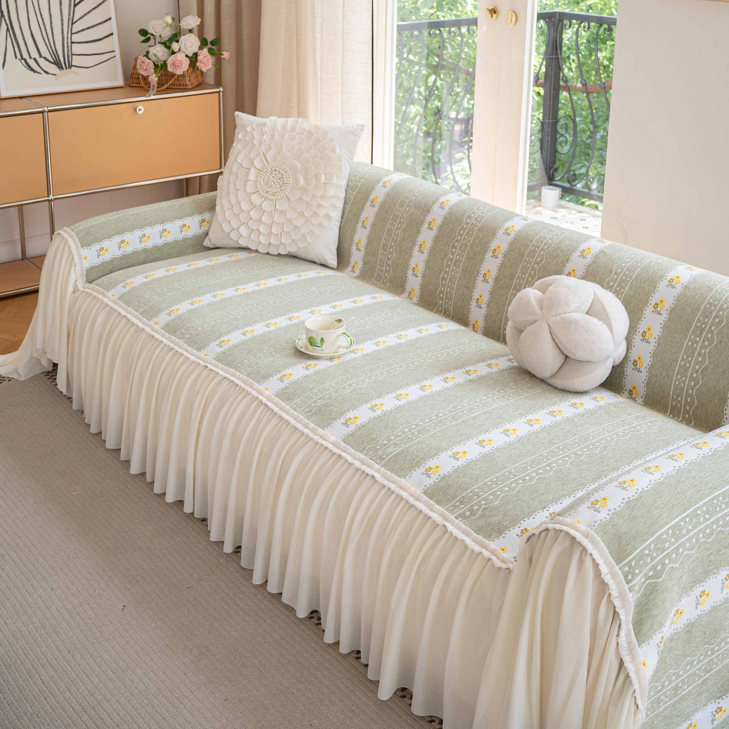 Daisy Striped Sofa Cover with Sheer Ruffle Skirt, Floral Soft Slipcover Blanket - Image 3