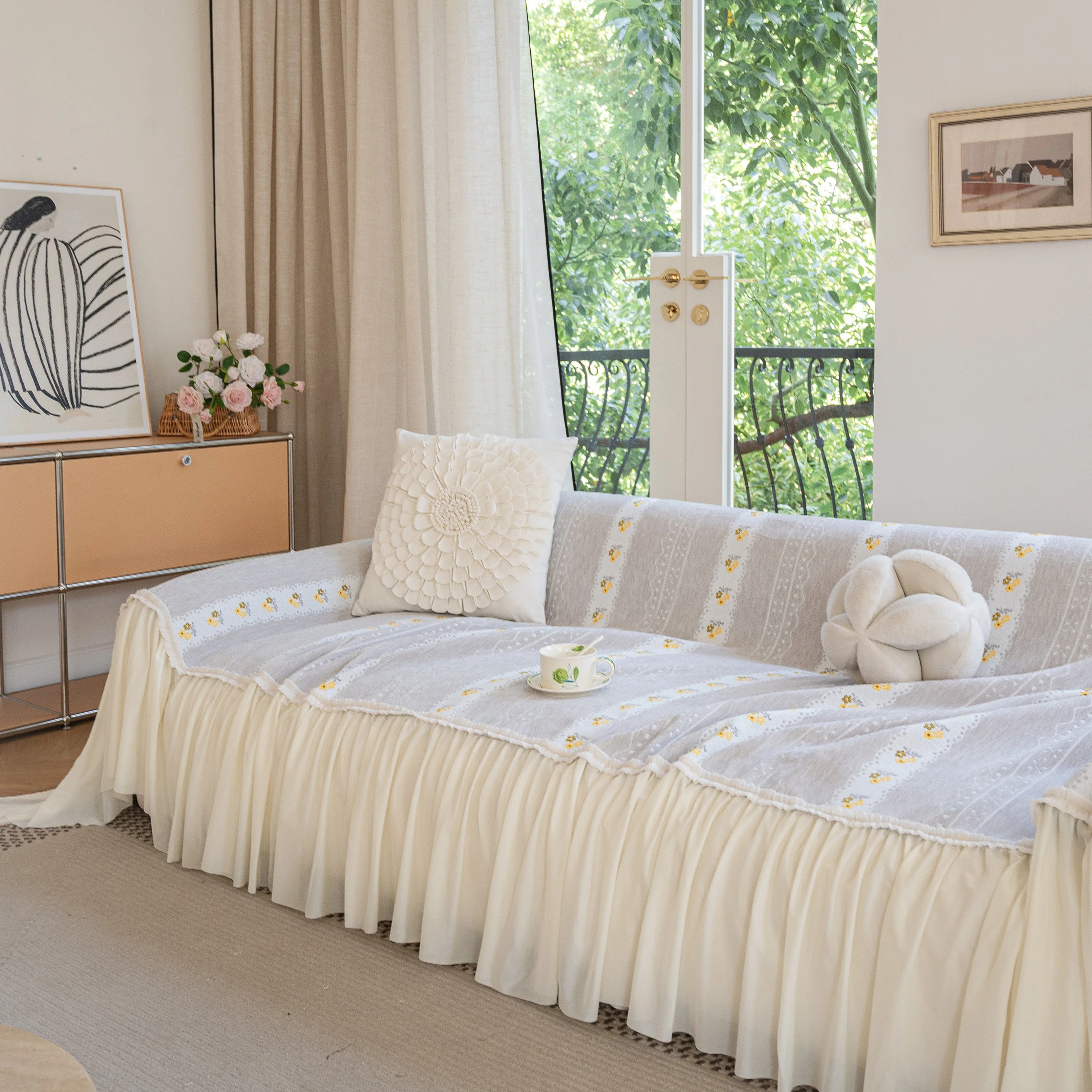 Daisy Striped Sofa Cover with Sheer Ruffle Skirt, Floral Soft Slipcover Blanket - Image 34