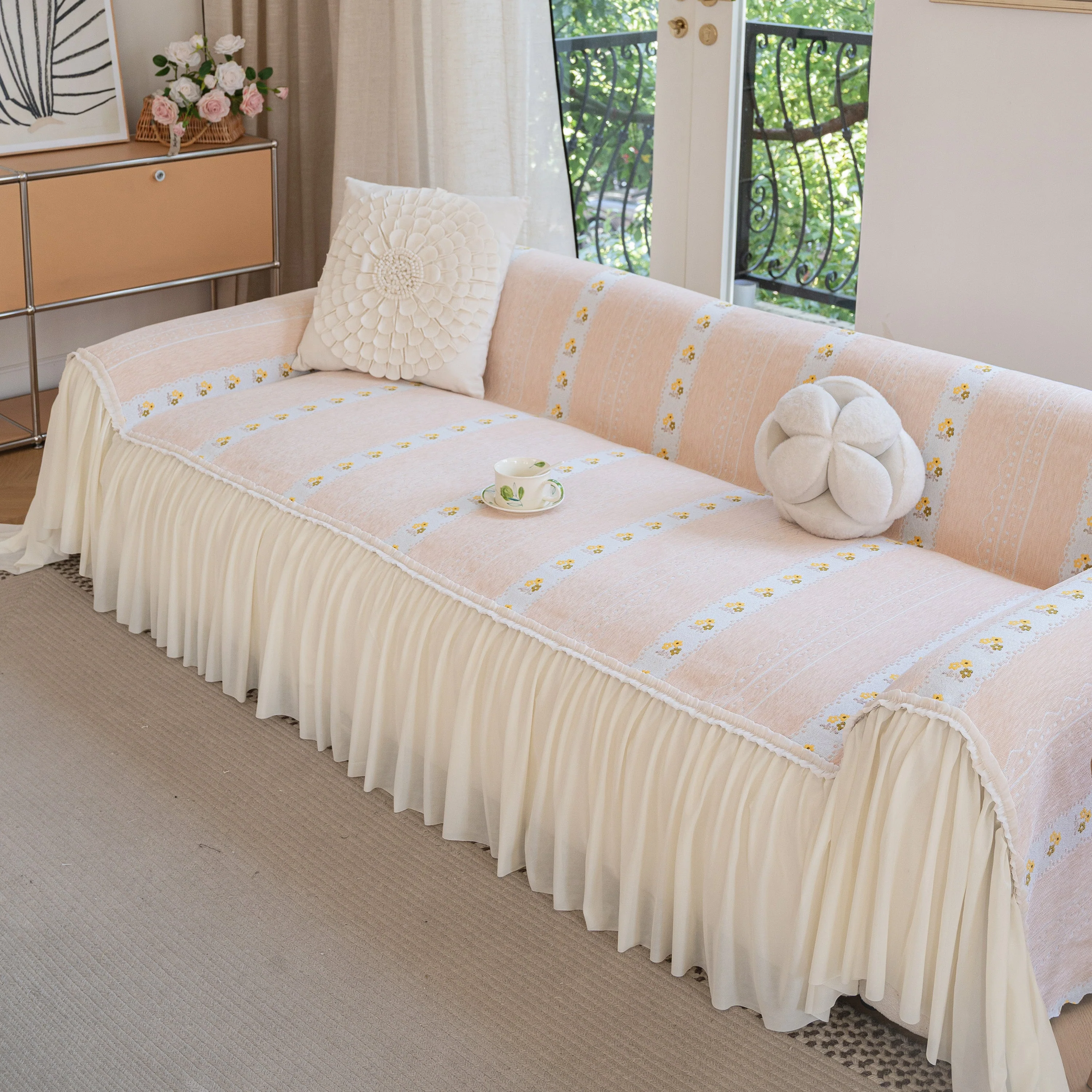 Daisy Striped Sofa Cover with Sheer Ruffle Skirt, Floral Soft Slipcover Blanket - Image 37