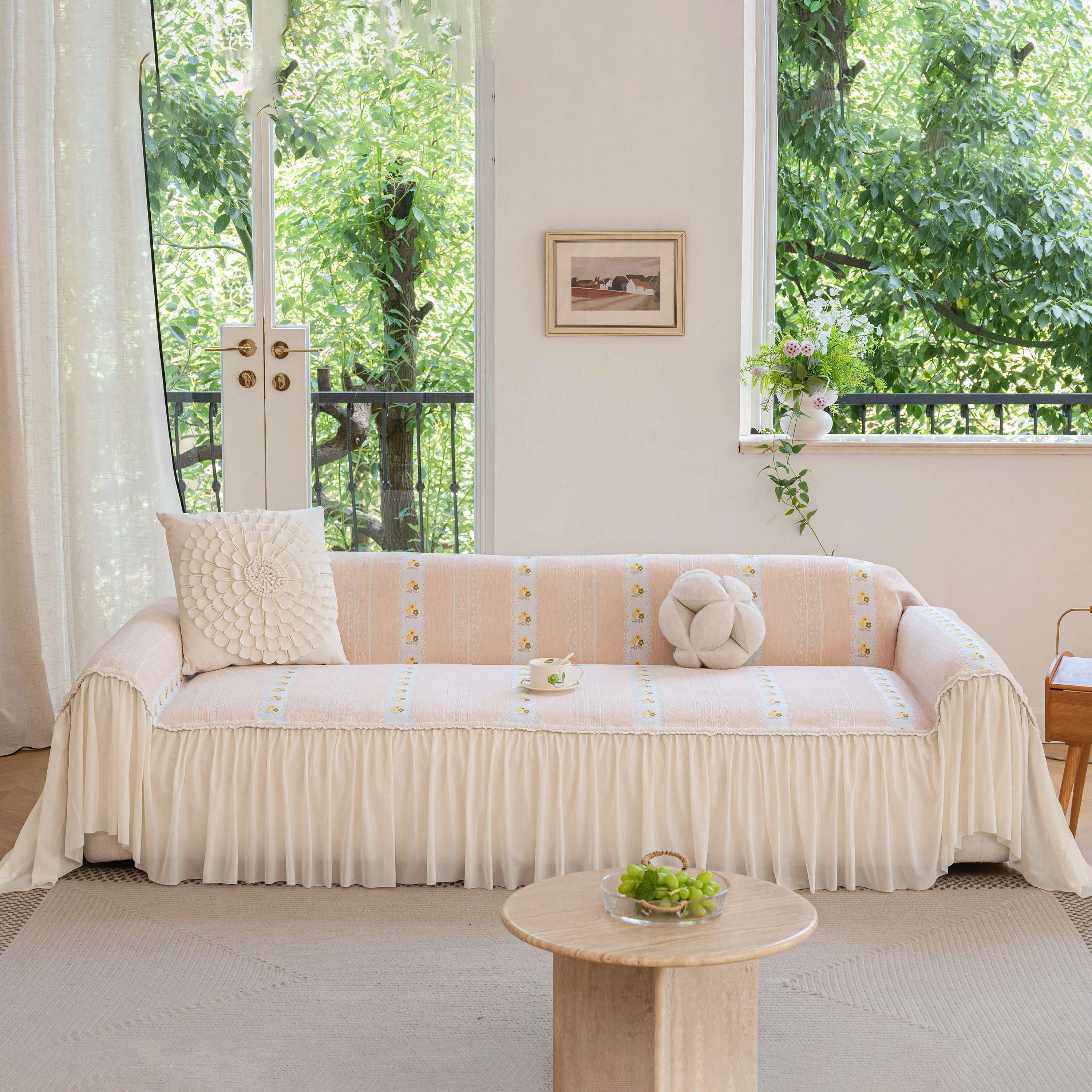Daisy Striped Sofa Cover with Sheer Ruffle Skirt, Floral Soft Slipcover Blanket - Image 38